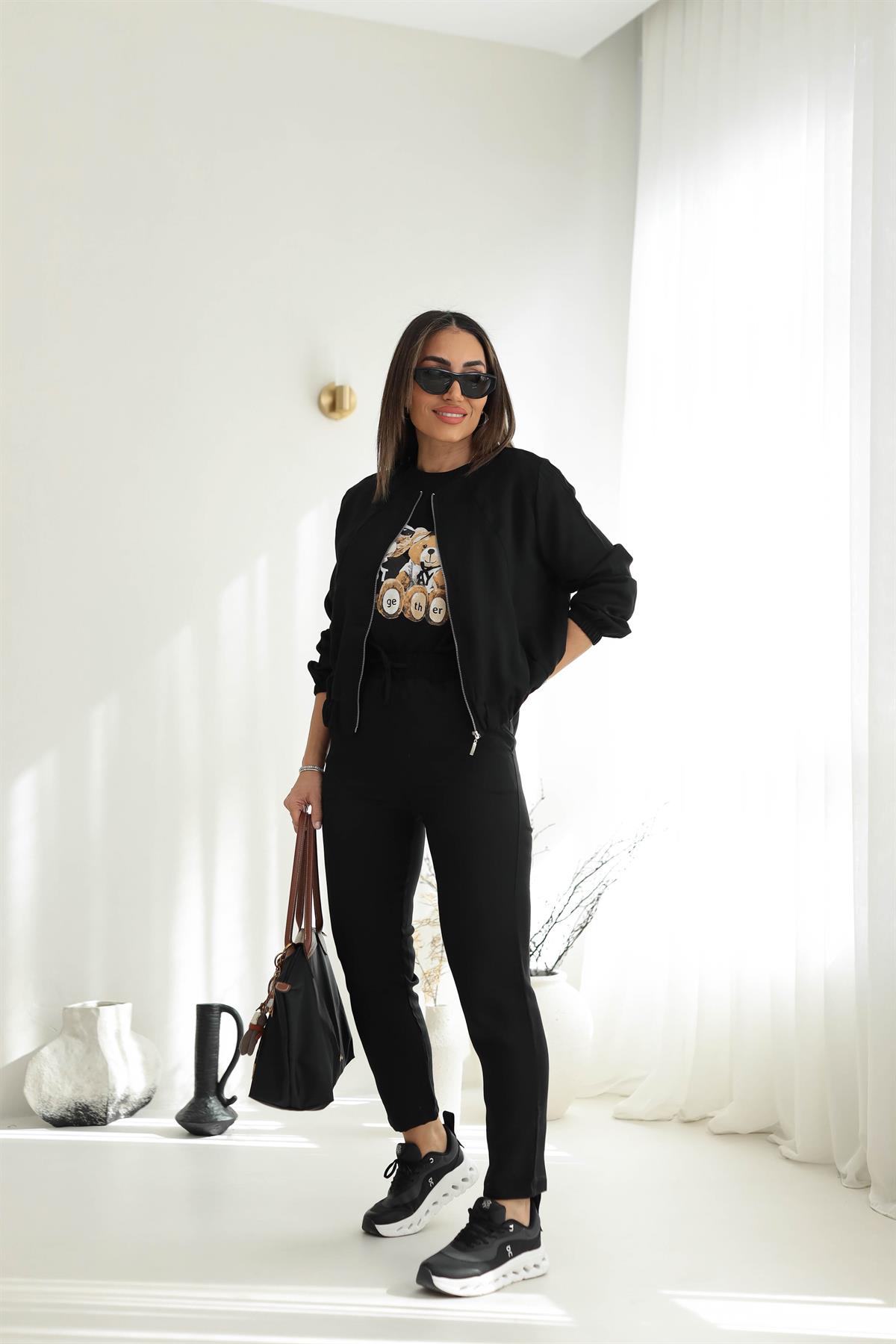 3193 Fermuar Ve Önü Lastik Detaylı Tencel Kumaş Takım SİYAH