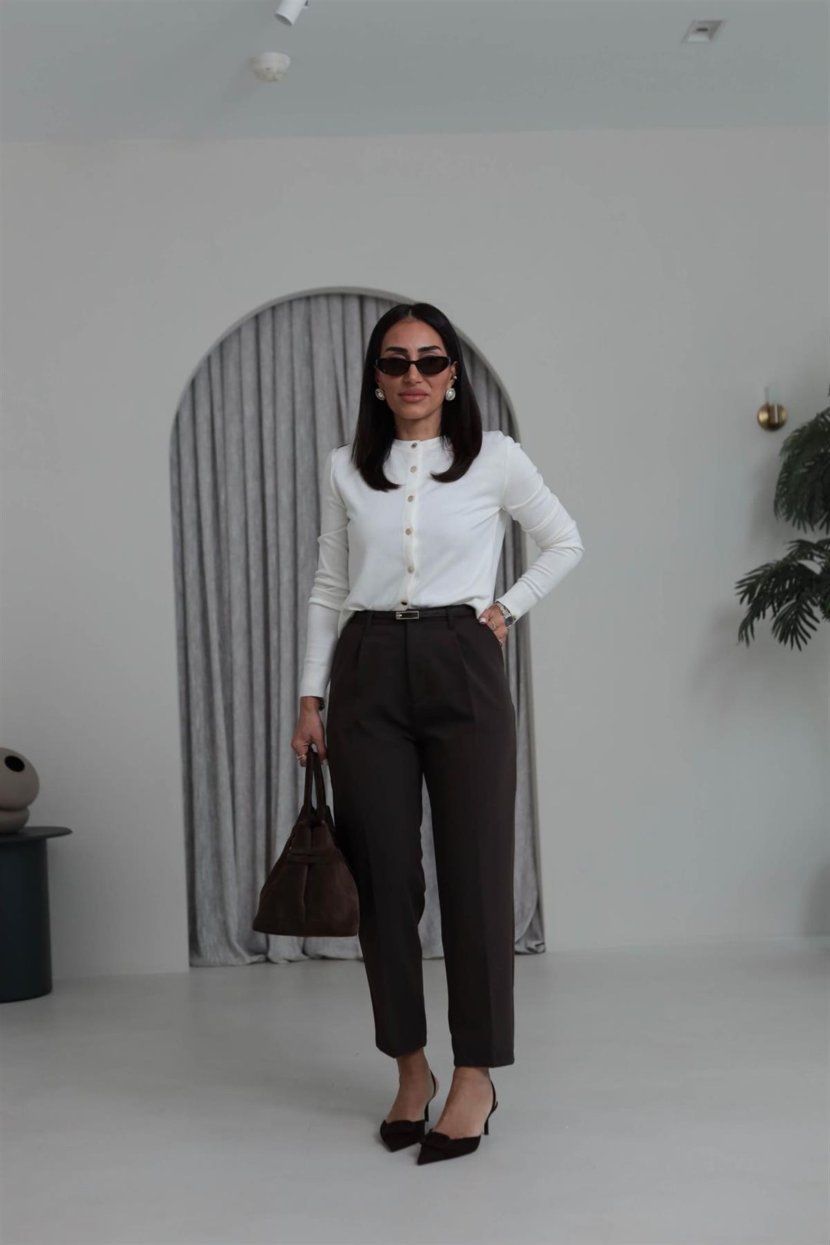 7638 İnce Kemerli Cepli Kumaş Pantolon KAHVE