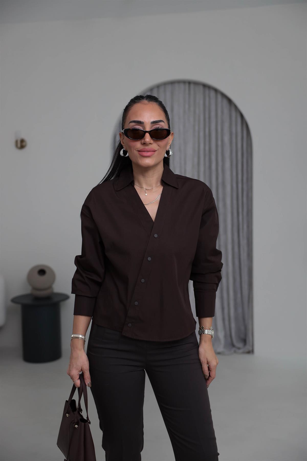 7066 Tasarım Poplin İkili Gömlek Takım ACI KAHVE