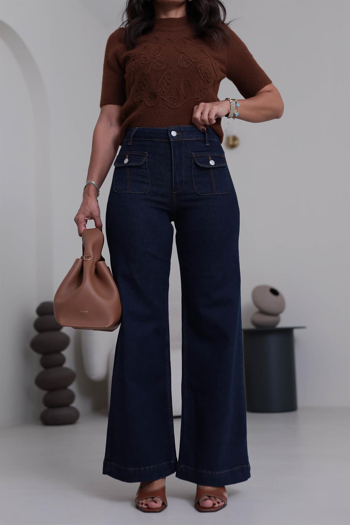 5754 Cep Kapaklı Bol Paça Likralı Jean LACİVERT