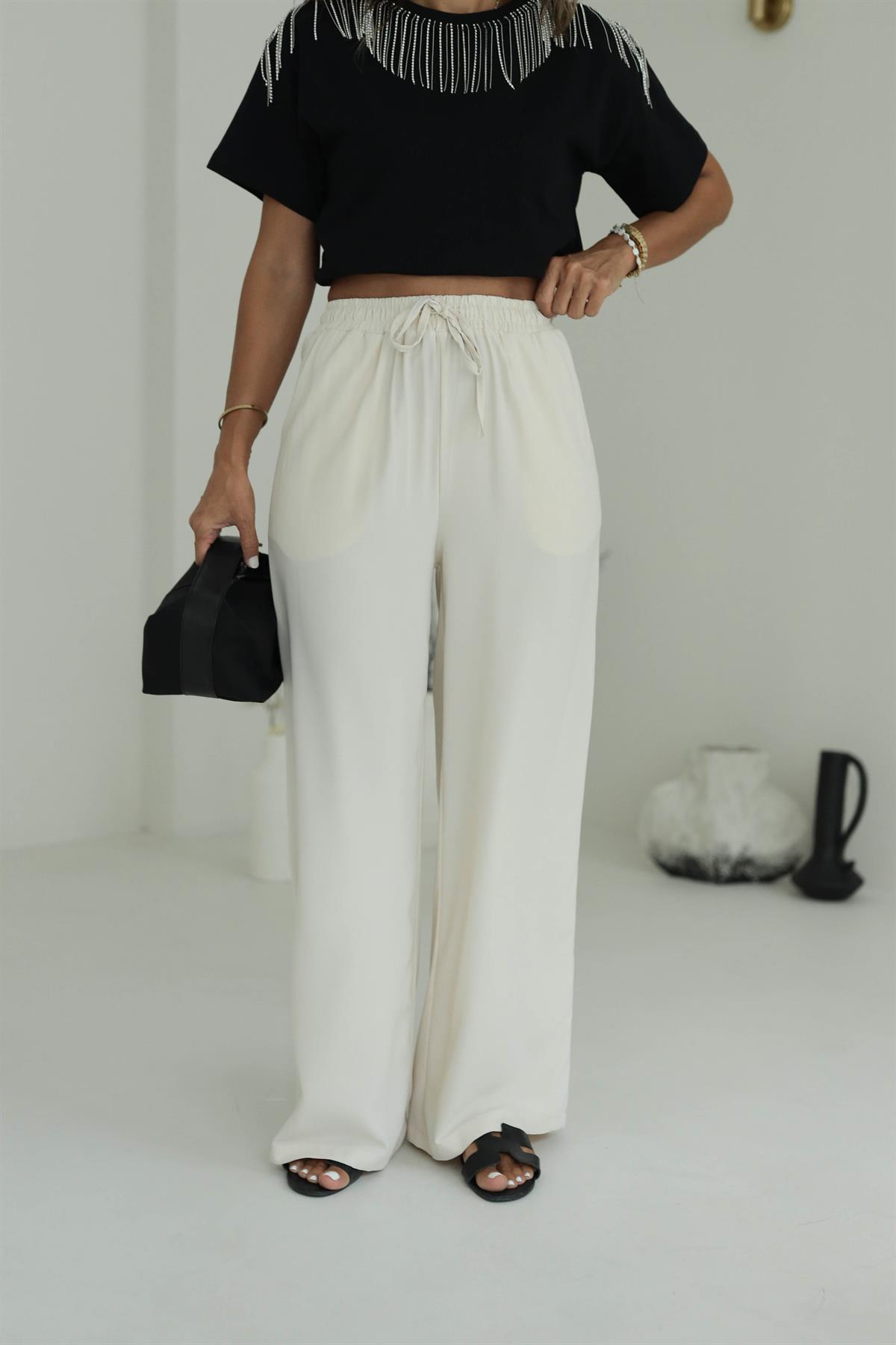 8779 Beli Lastikli Bol Paça Pantolon TAŞ