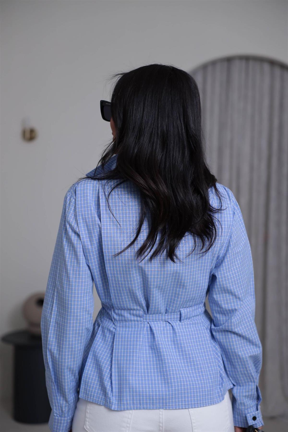 4099 Dik Yaka Belden Bağlamalı Ekose Gömlek MAVİ