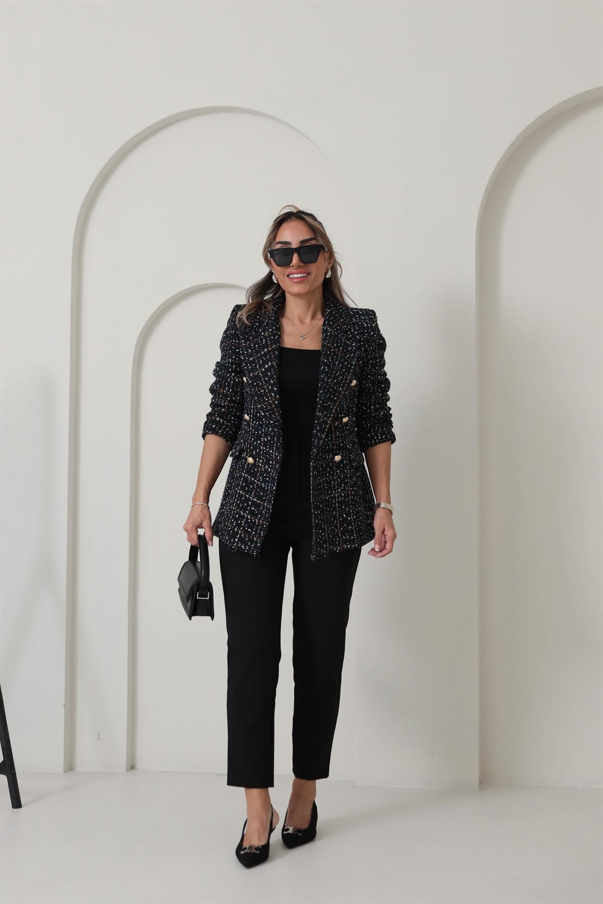 6213 Kruvaze Yaka Gold Düğmeli Tüvit Ceket SİYAH