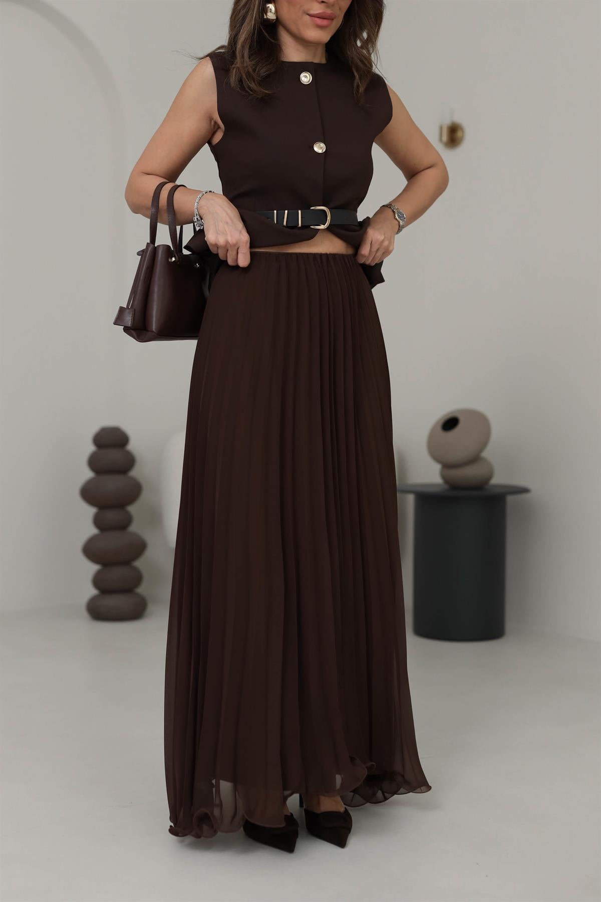 0287 Piliseli Şifon Maxi Etek ACI KAHVE