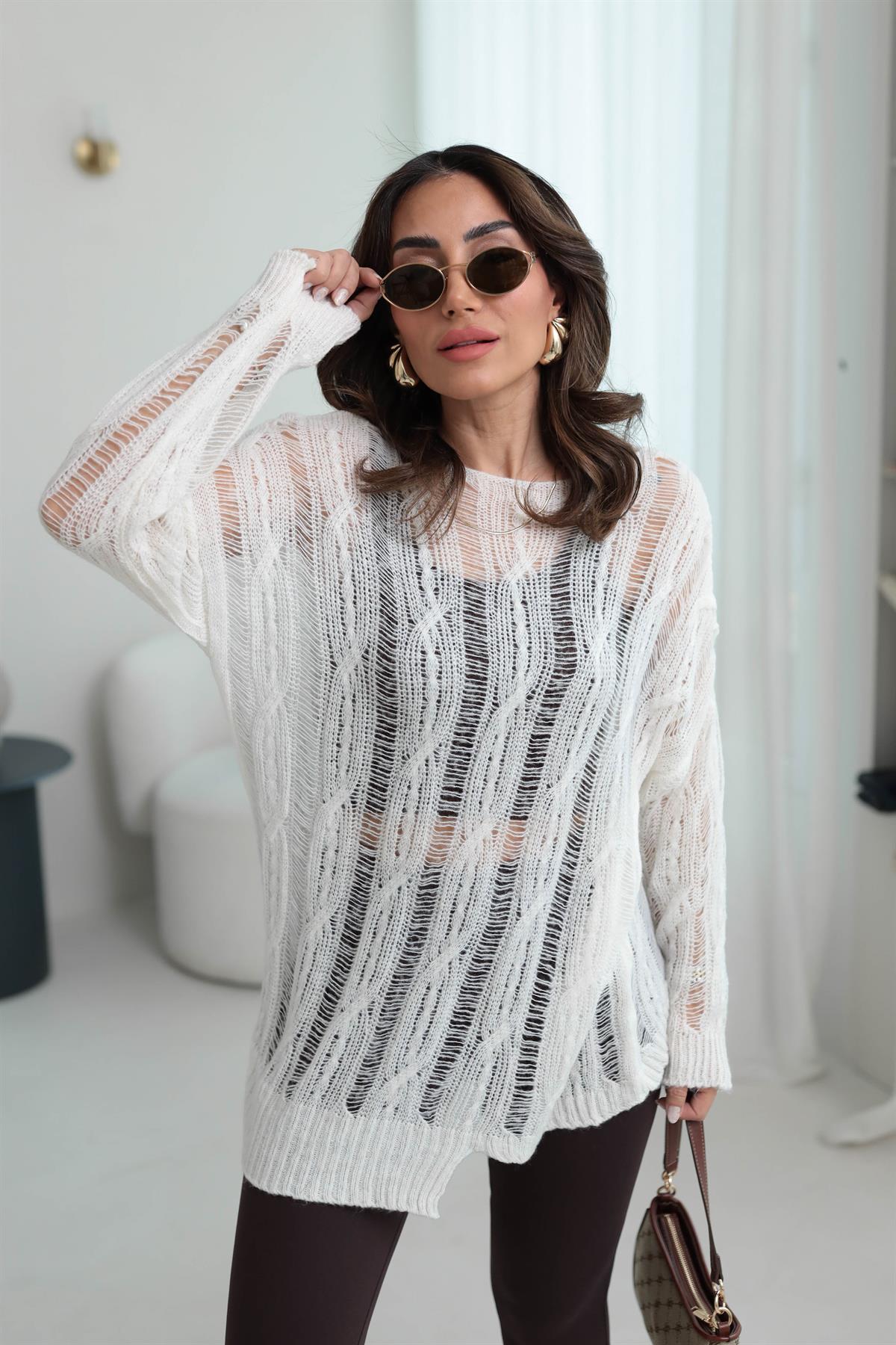 4134 Saç Örgülü Ajurlu Triko EKRU