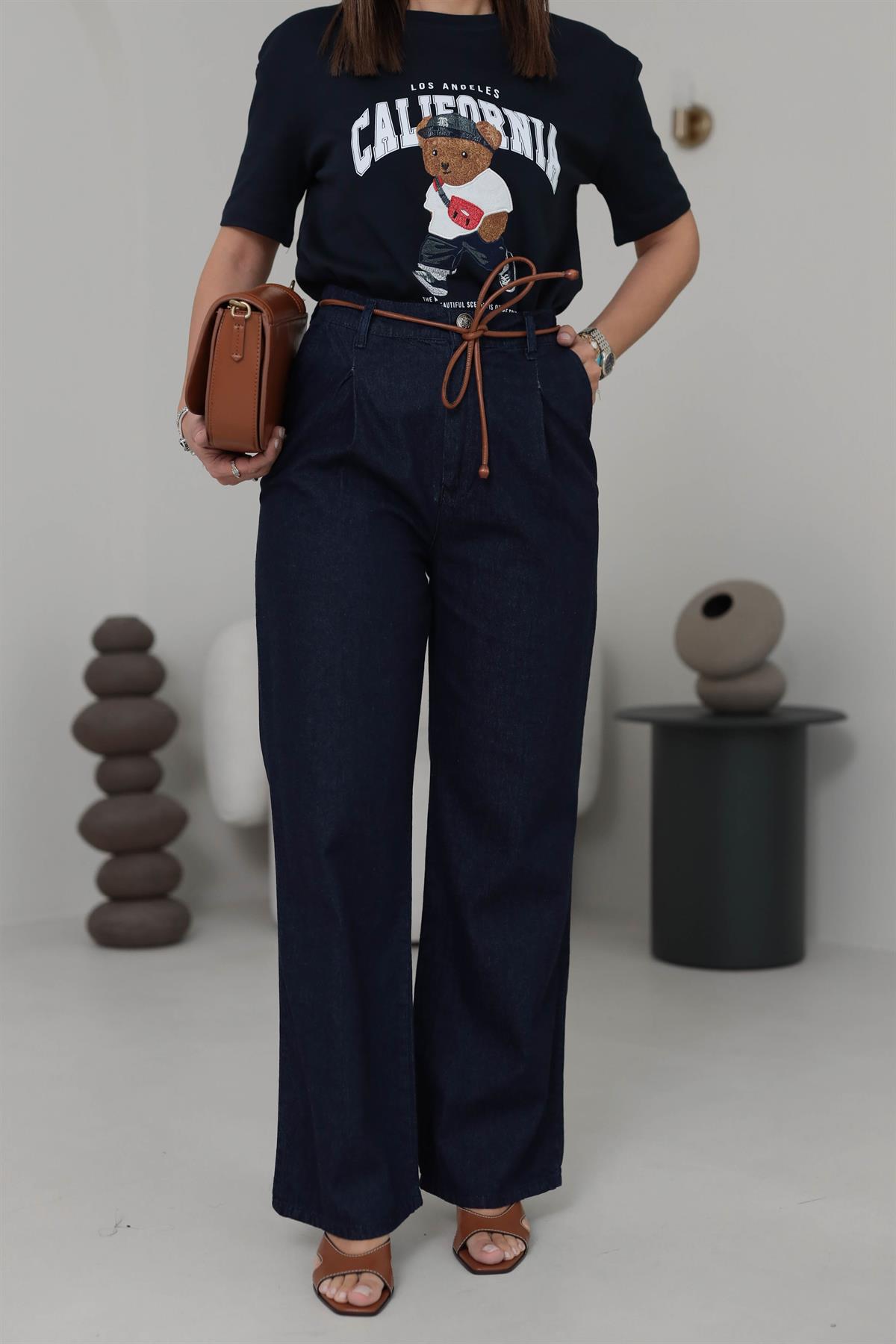 3516 Deri Kemerli Pensli Paça Palazzo Jean Pantolon KOYU LACİ