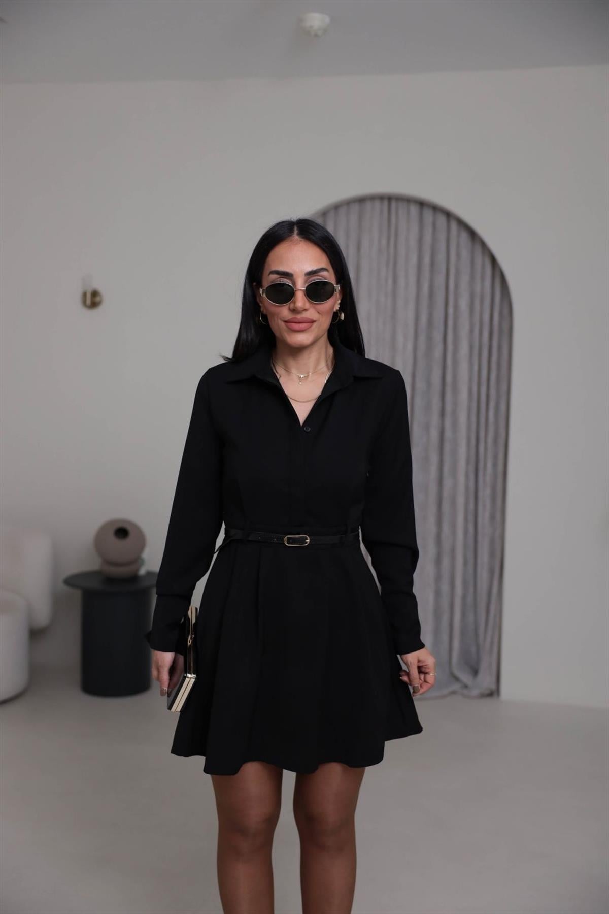 8271 Pensli İnce Kemerli Gömlek Yaka Elbise SİYAH