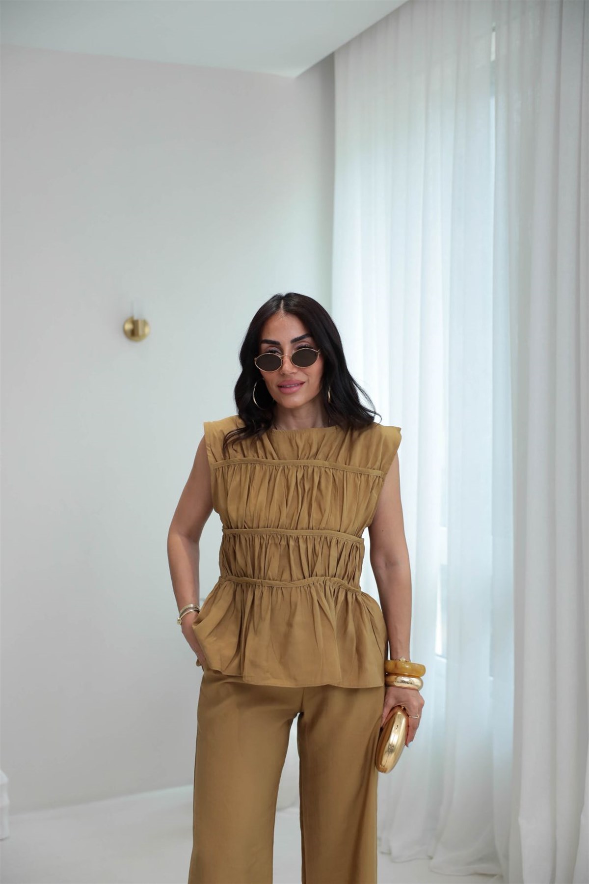 0483 Kat Kat Dikiş Detaylı Tencel Takım OLİVE