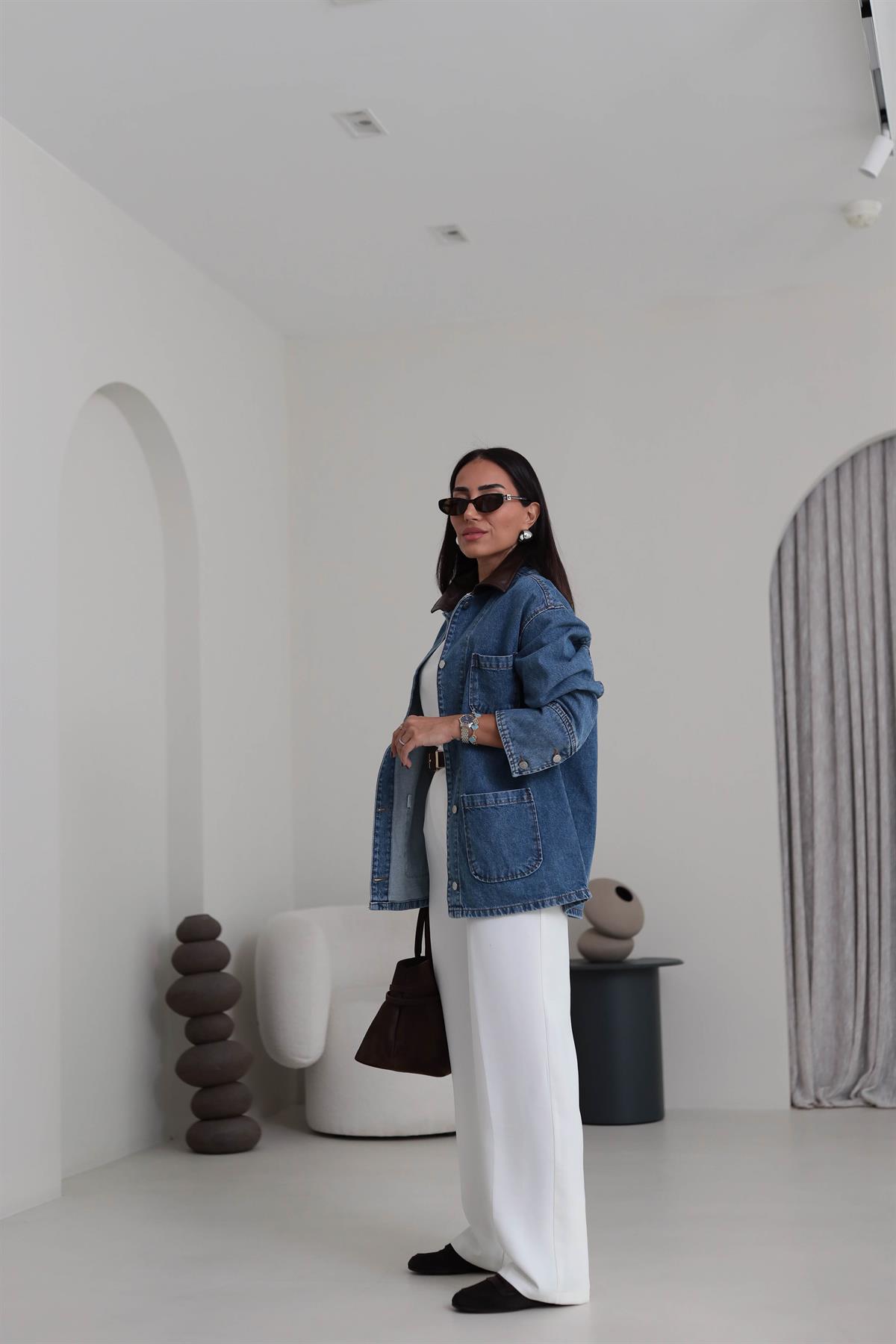 9570 Deri Yaka Düğmeli Cep Detaylı  Denim Ceket MAVİ
