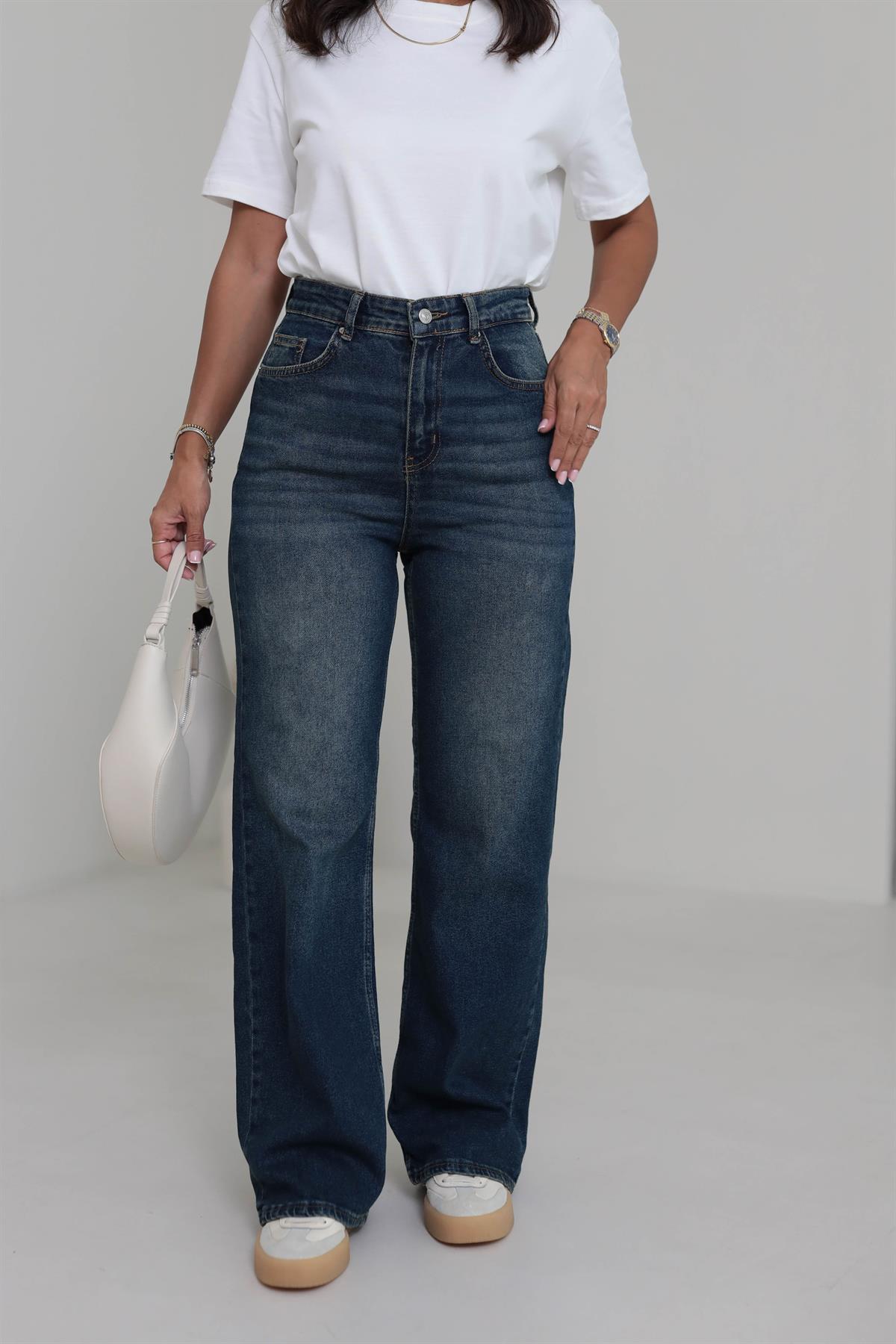 1071 Yüksek Bel Dökümlü Palazzo Jean KOYU TİNTLİ