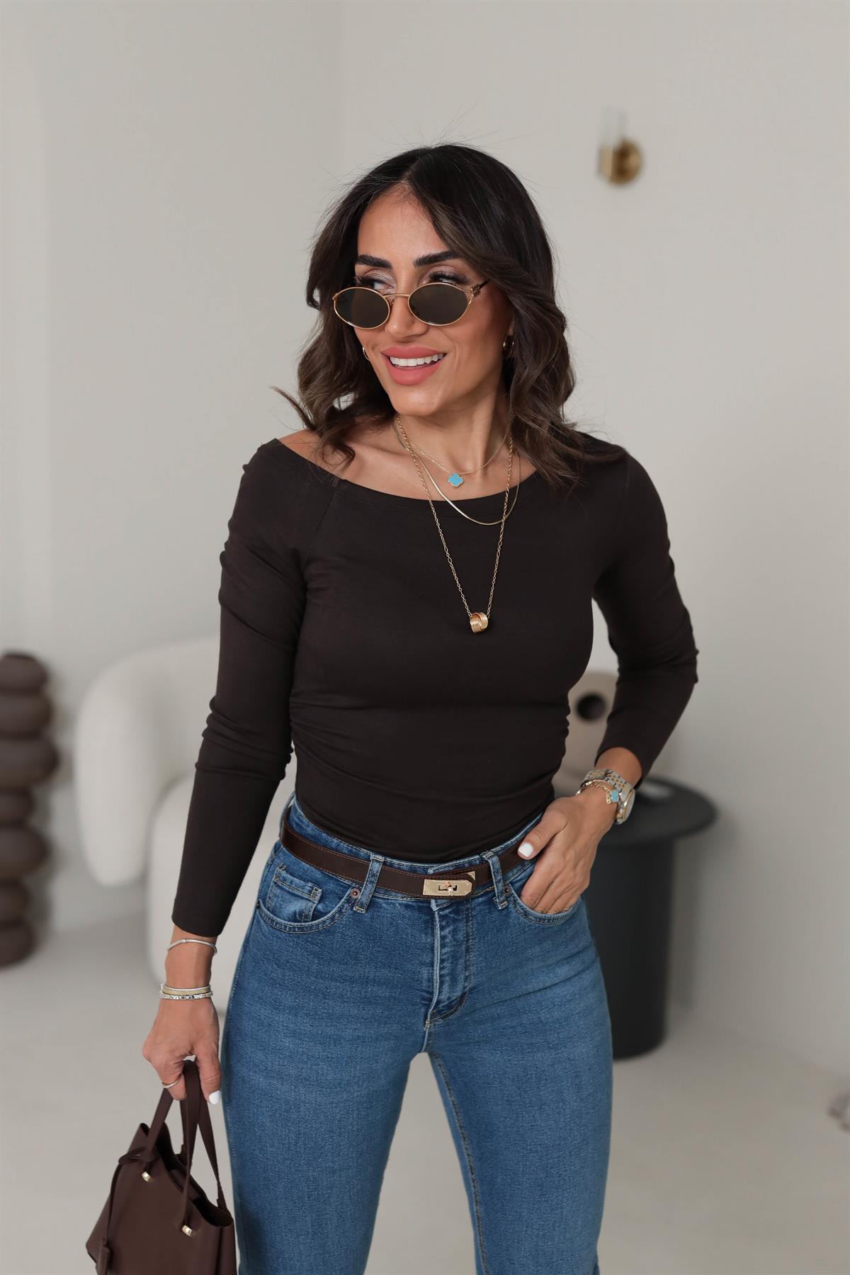 1007 Asimetrik Yaka Yanları Drapeli Modal Bluz ACI KAHVE