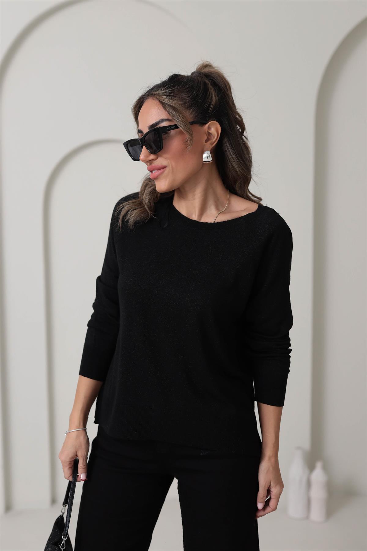 0557 Bisiklet Yaka Simli Basic İnce Triko SİYAH