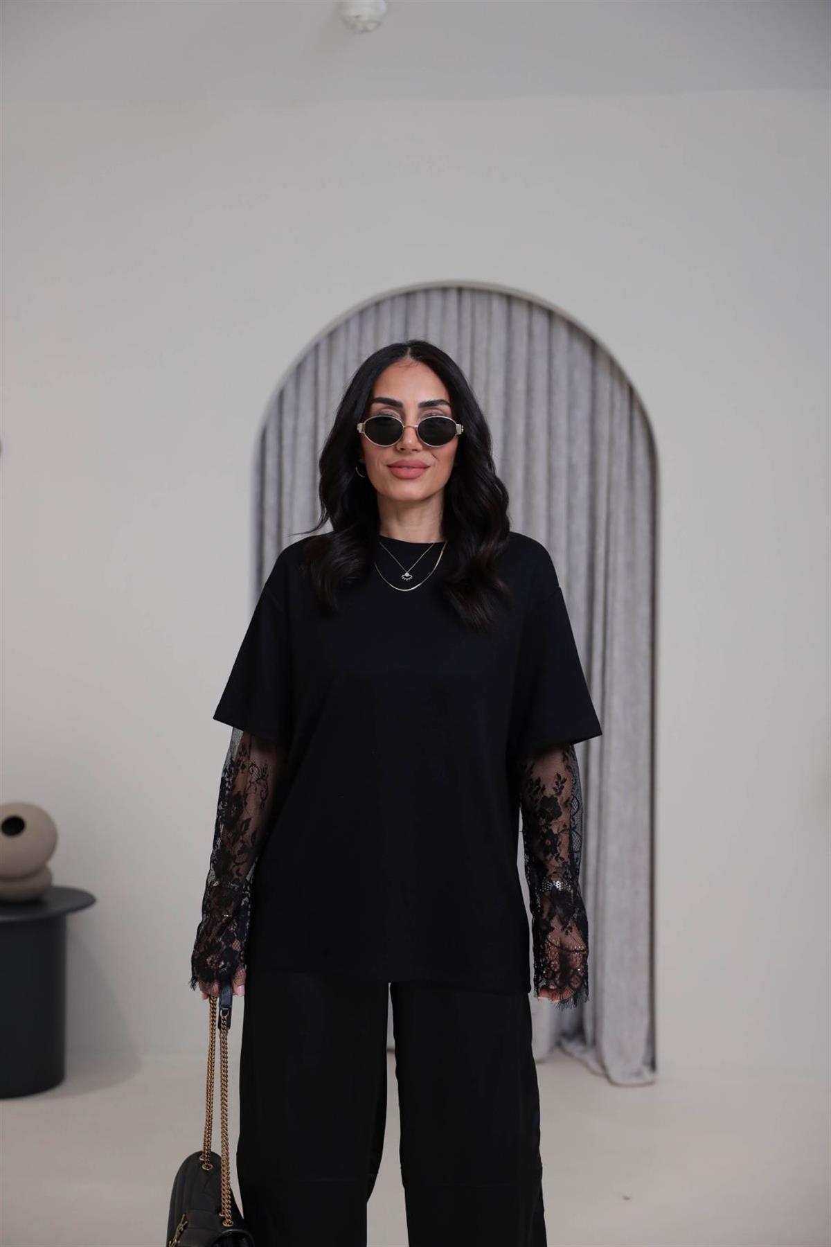 1049 Kolları Dantel Detaylı Modal Tshirt SİYAH