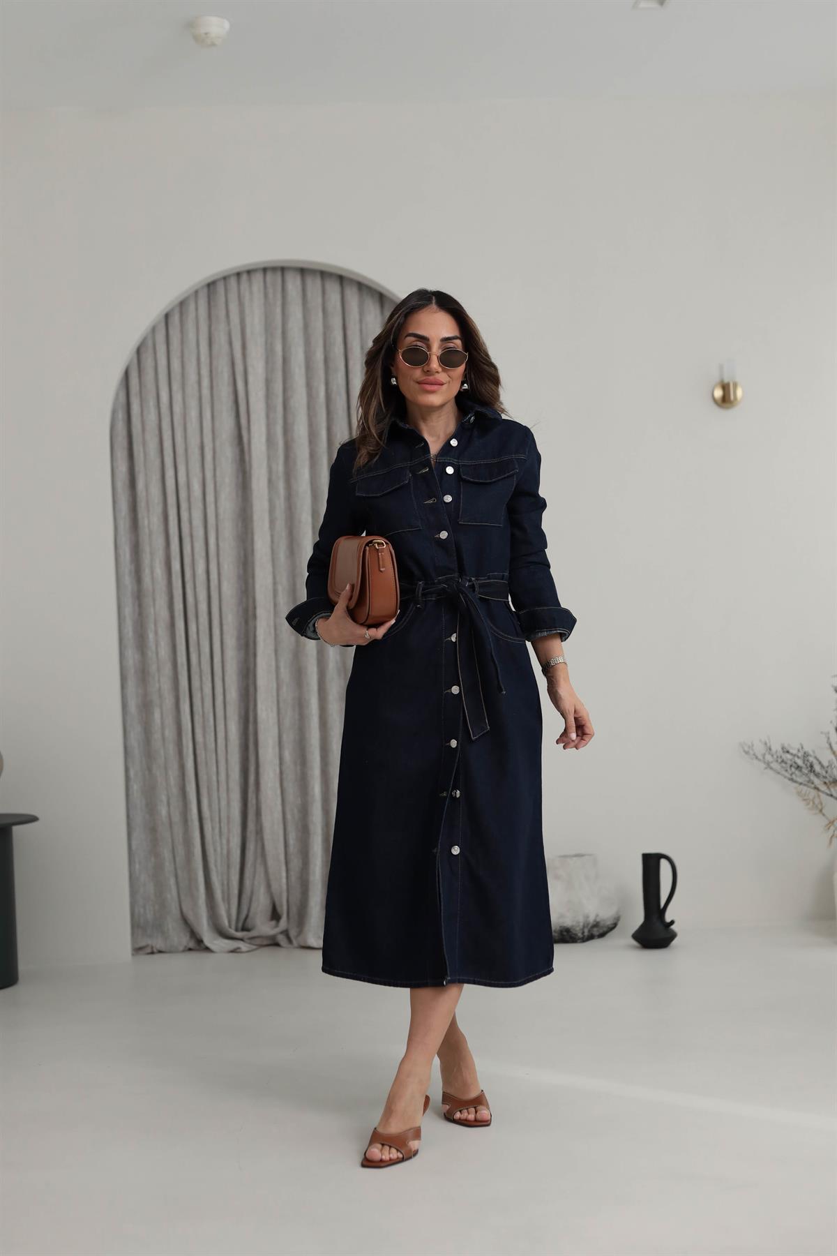 7326 Bel Kuşaklı Cepli Jean Gömlek Elbise KOYU LACİ