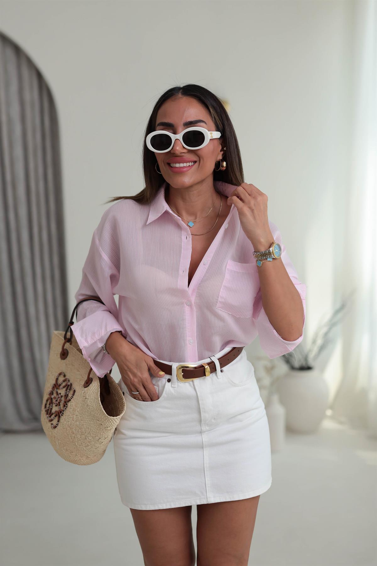 Çizgili İnce Gömlek PEMBE