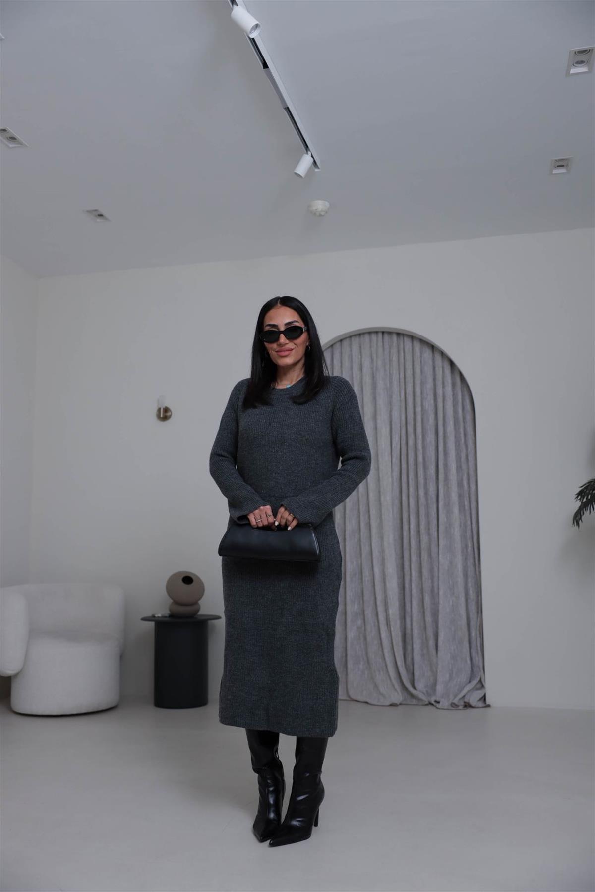 5137 Selanik Örgü Uzun Triko Elbise KOYU GRİ