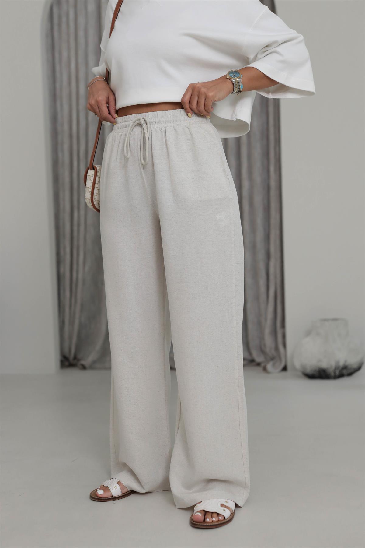 0298 Bel Lastikli Keten Rahat Pantolon NATURAL