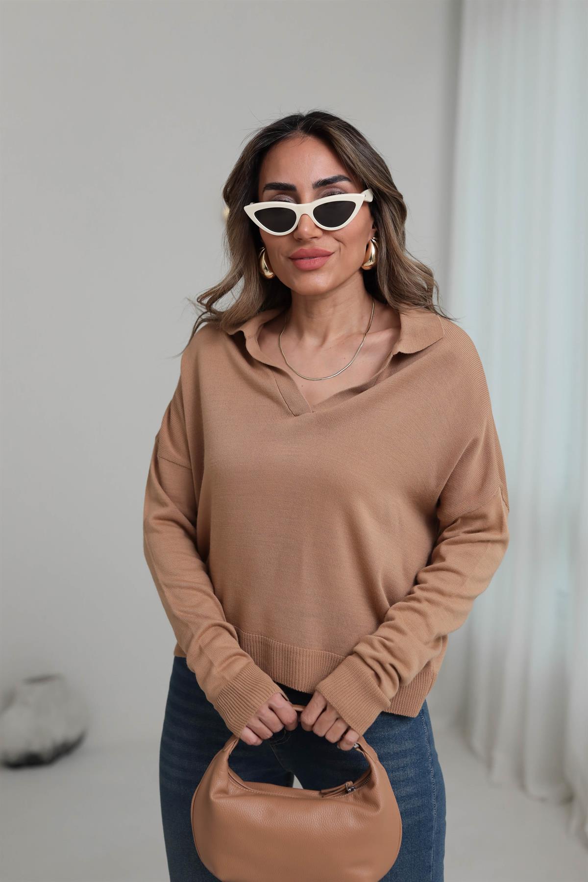 3215 Polo Yaka Mevsimlik Triko Bluz TABA