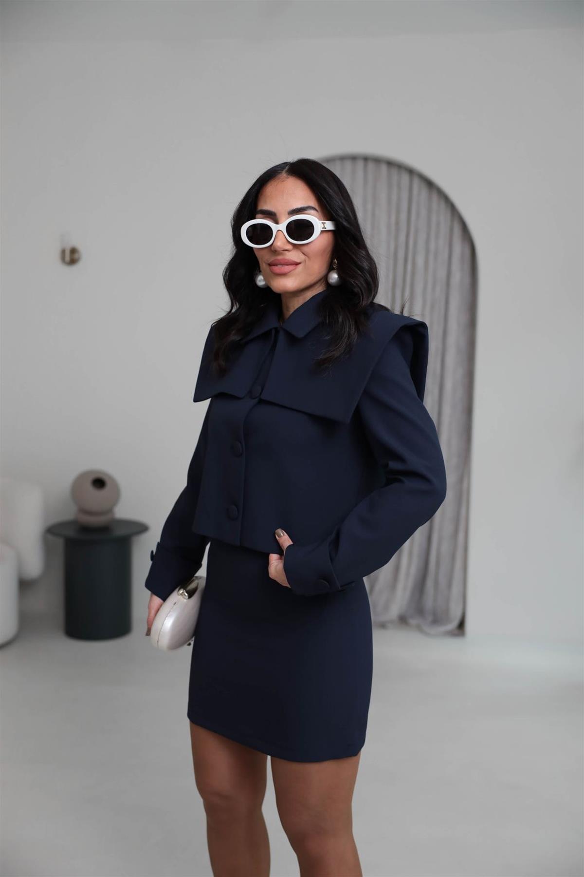 8945 Yaka Detay Ceketli Etekli Takım LACİVERT