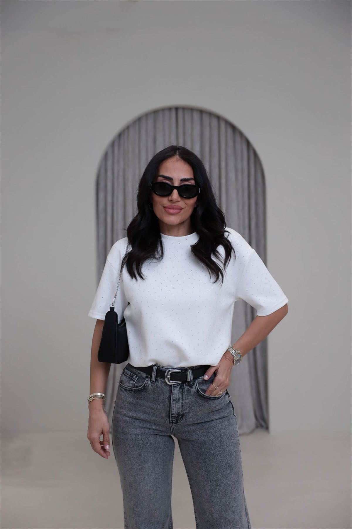 4236 Bisiklet Yaka Taşlı Tshirt EKRU