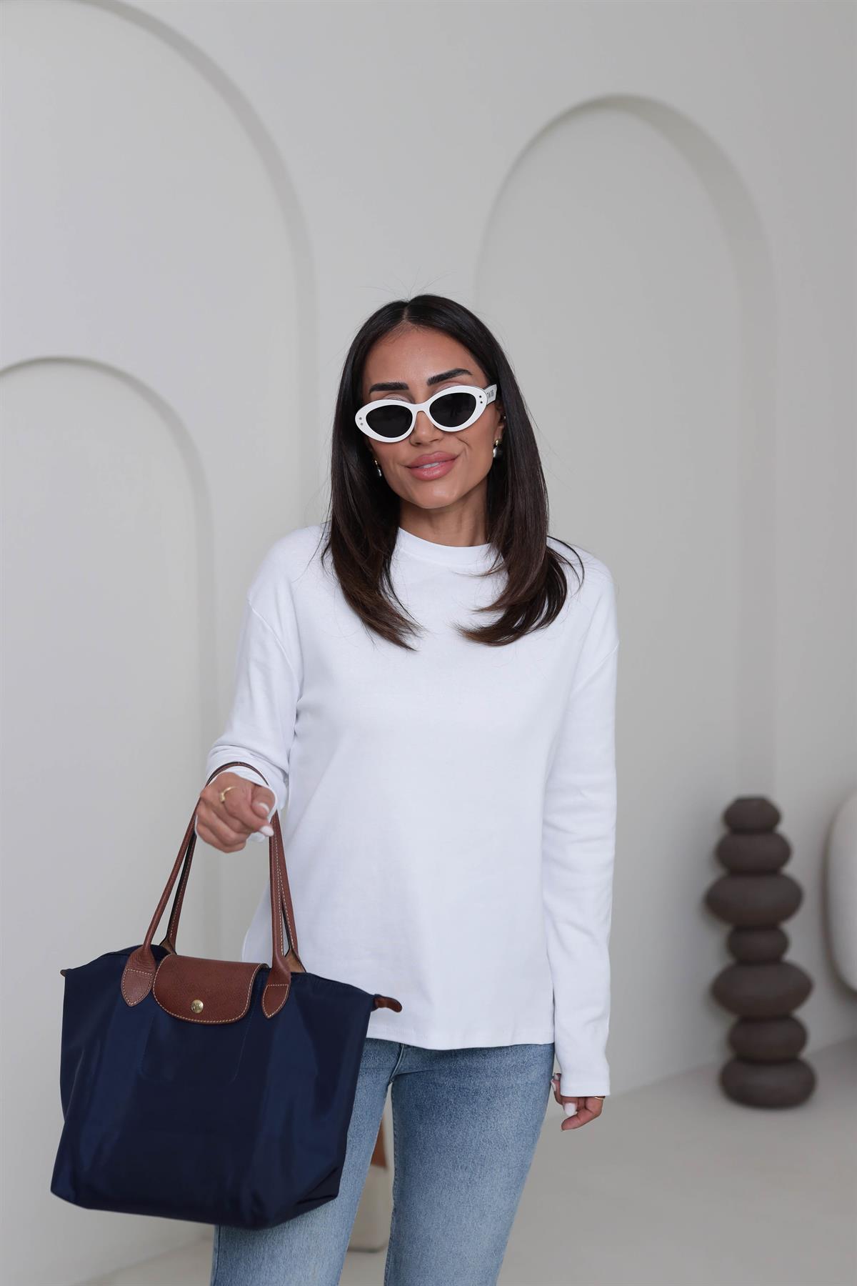 4141 Bisiklet Yaka Uzun Kol Penye Bluz BEYAZ