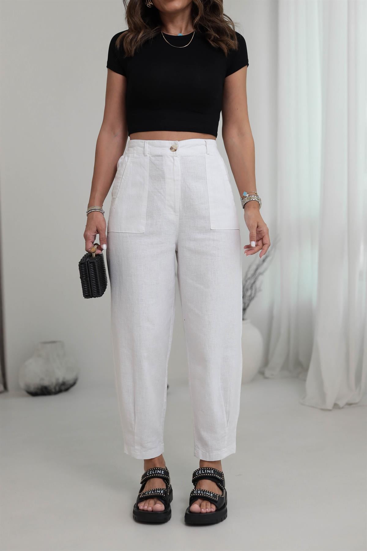 1711 Paçası Pensli Yan Cepli Keten Pantolon BEYAZ