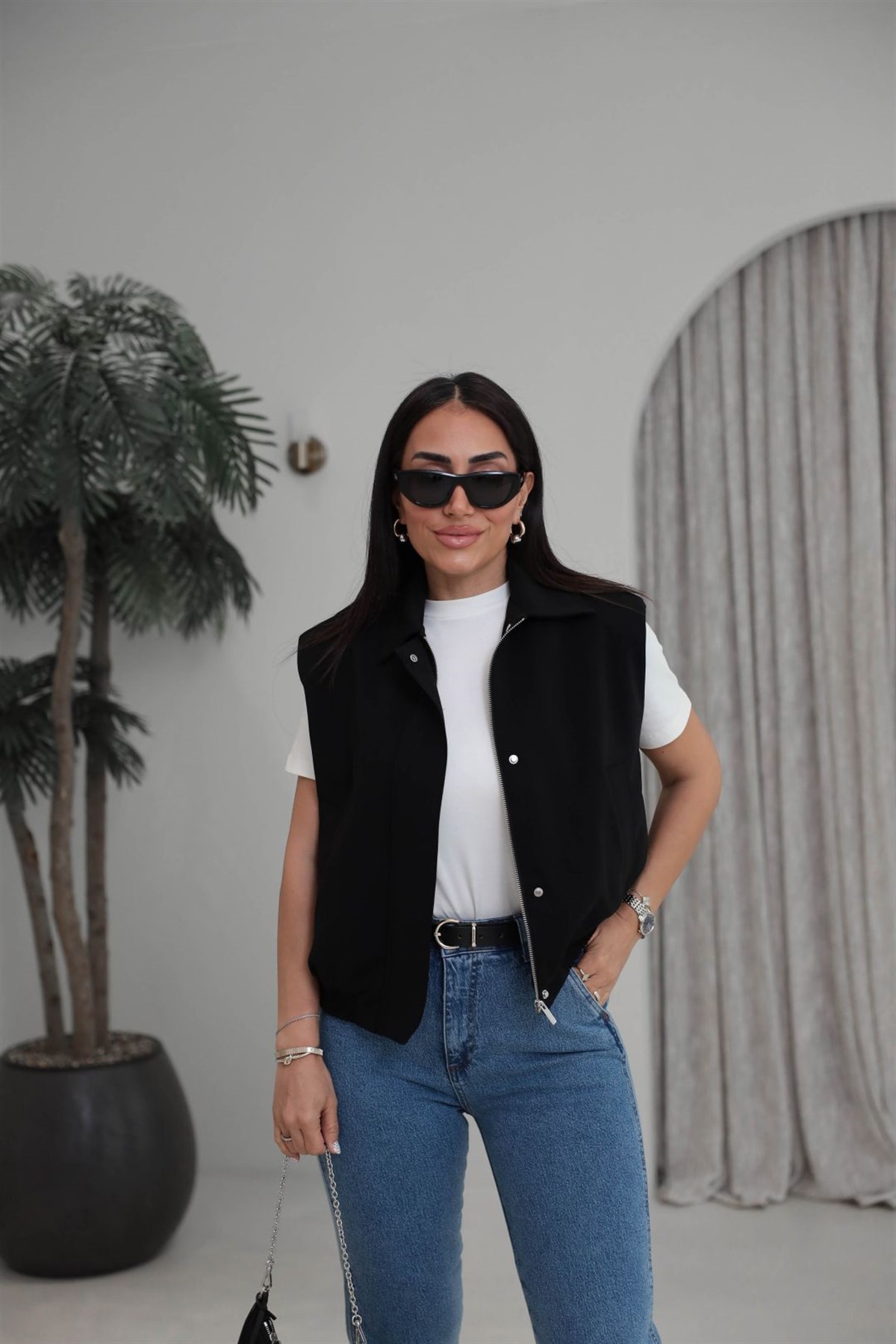 7560 Bel Lastikli Gizli Fermuarlı Modern Kesim Yelek SİYAH