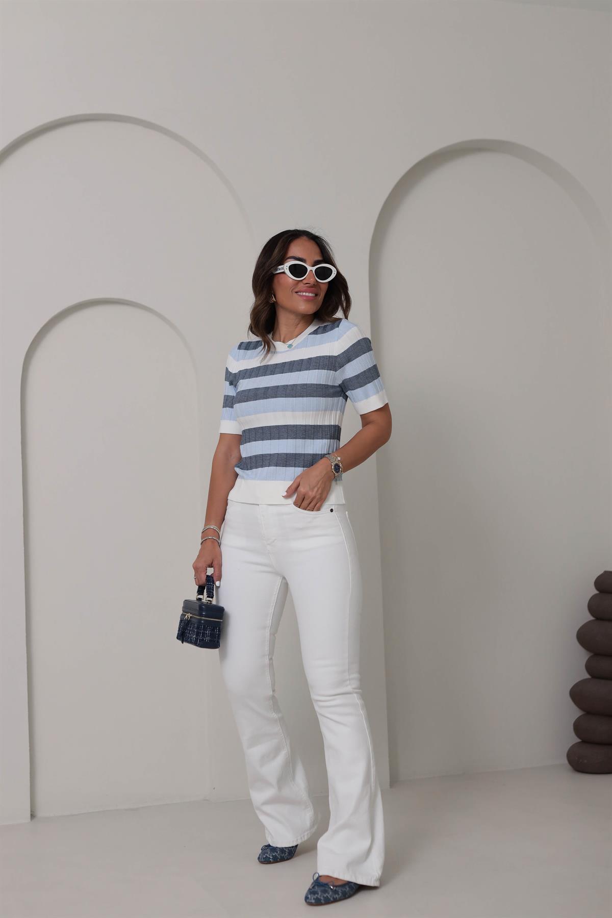 0734 Bisiklet Yaka Çizgili Yumuşak Triko Bluz MAVİ