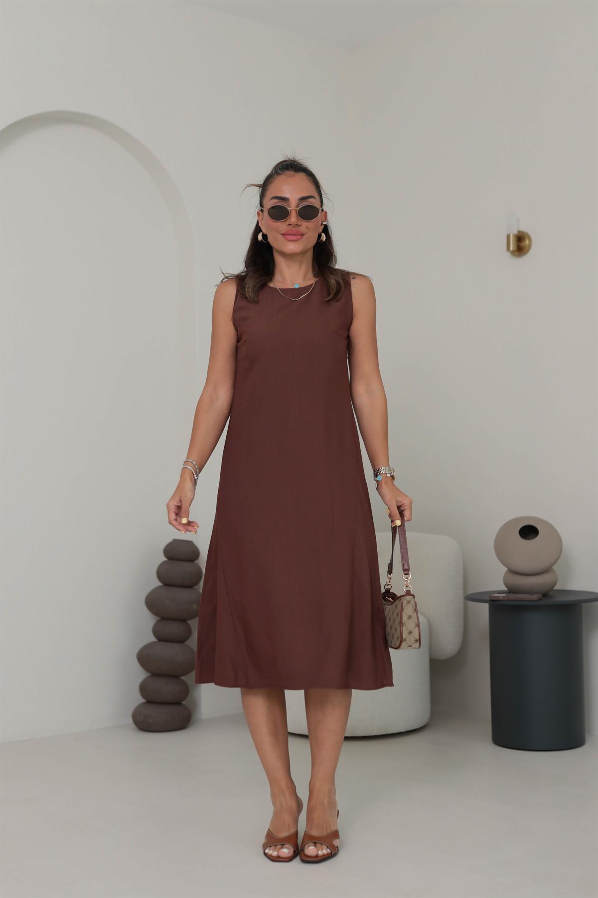 7633 Kolsuz Tiril Elbise KAHVE