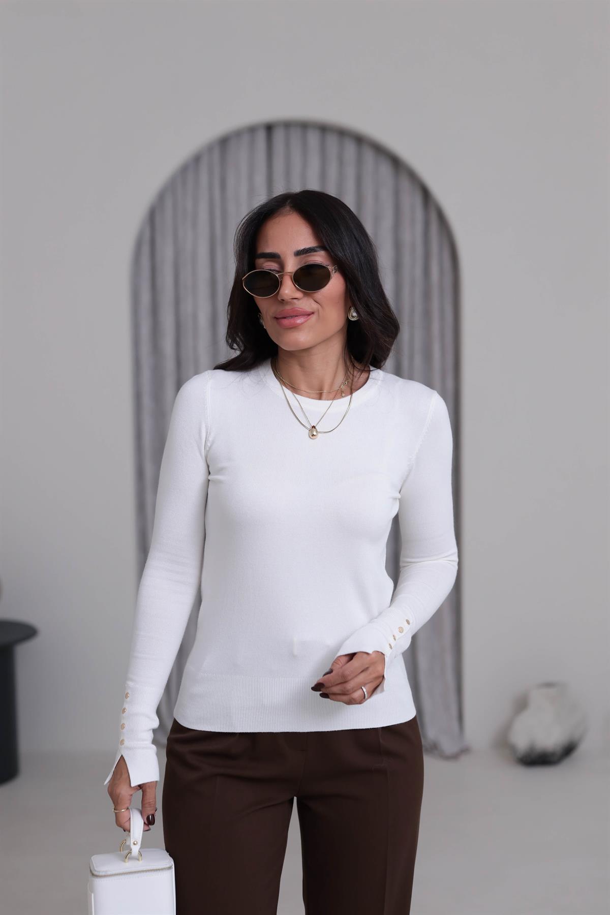 1267 Bisiklet Yaka Droplu Triko Kazak EKRU