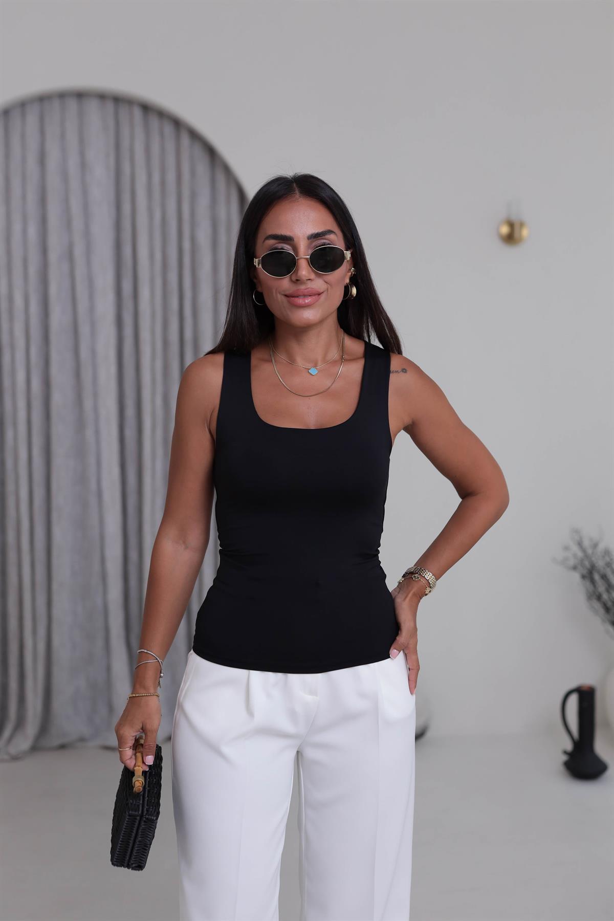 015 Kalın Askılı Çift Kat Poliamid Atlet SİYAH