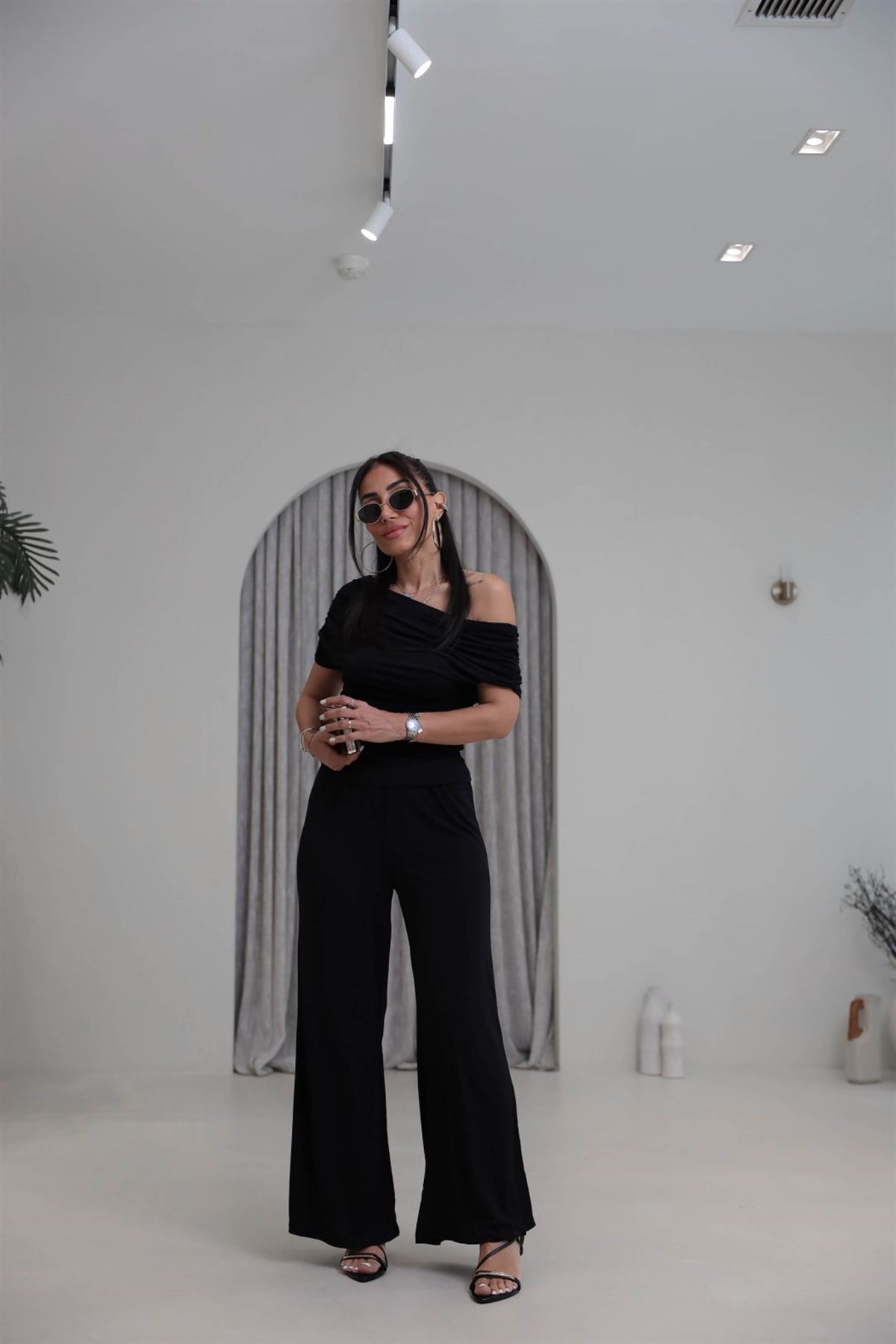 5388 Dökümlü Drapeli Sandy Bluz Pantolon Takım SİYAH