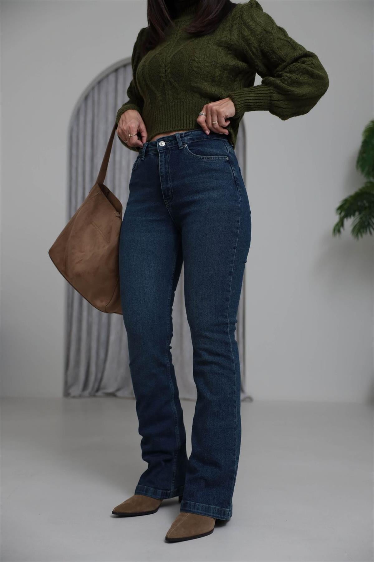 2023 Likralı İspanyol Paça Jean TİNTLİ MAVİ