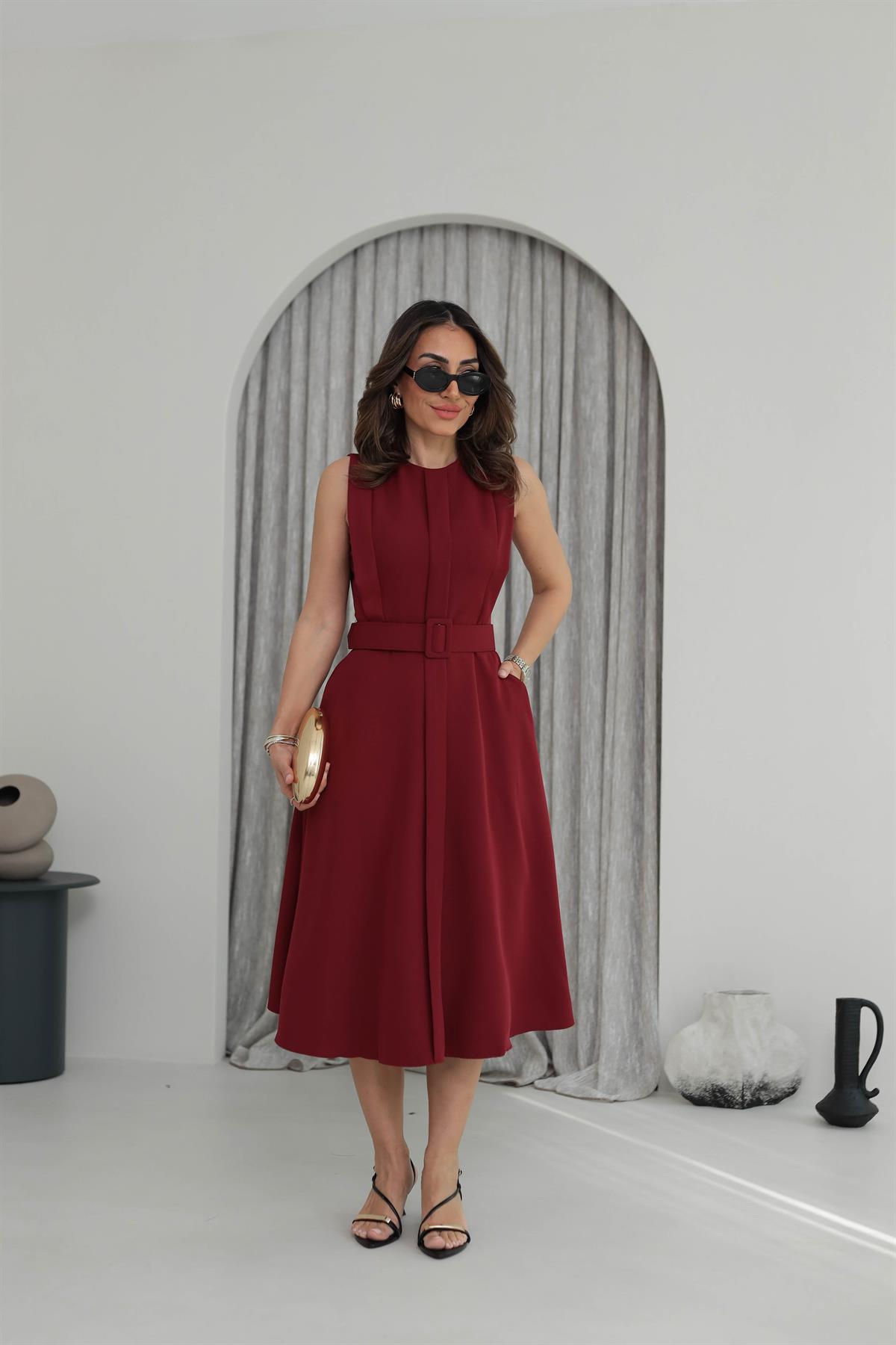 3715 A Kesim Sıfır Kol Kemerli Midi Elbise BORDO