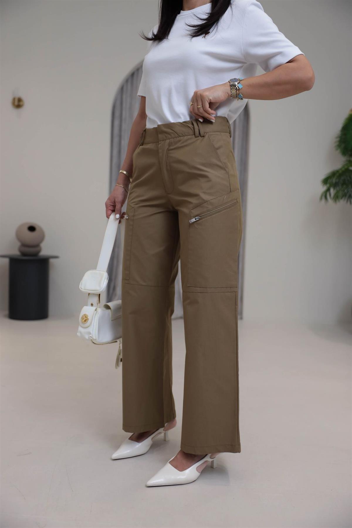 Geniş Paça Fermuar Cepli Kargo Pantolon YAĞ YEŞİLİ