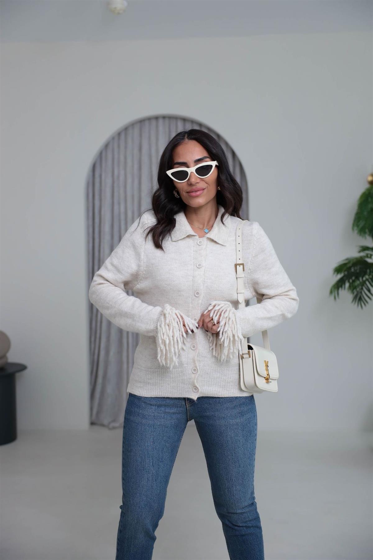 0162 Kolu Püsküllü Polo Yaka Hırka TAŞ