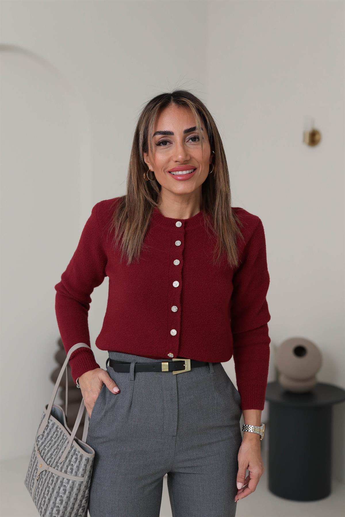 2436 Bisiklet Yaka Taş Düğmeli Yumoş Hırka BORDO