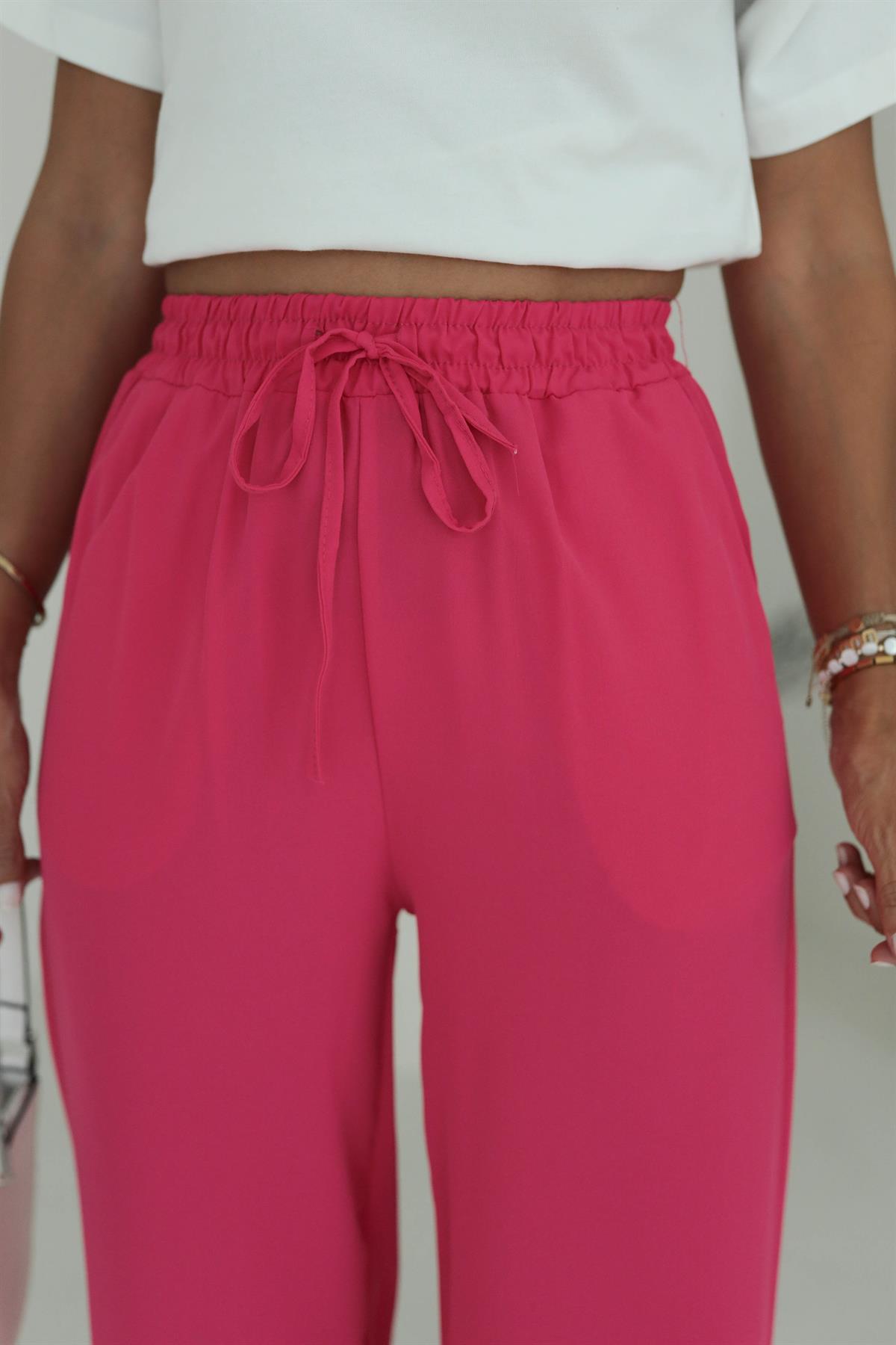 8779 Beli Lastikli Bol Paça Pantolon FUŞYA