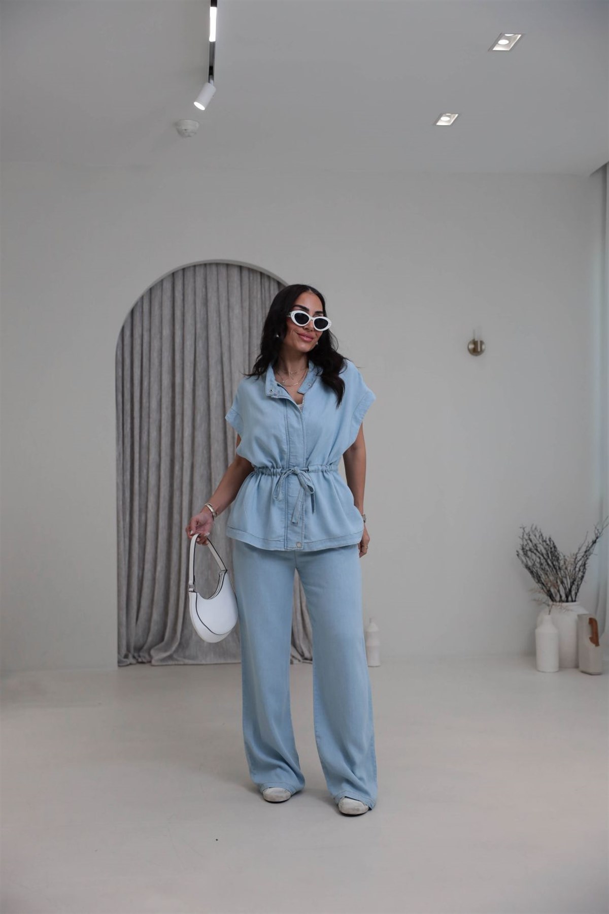 7368 Kendinden Kemerli Çıtçıt Detaylı Kolsuz Tencel Takım AÇIK MAVİ