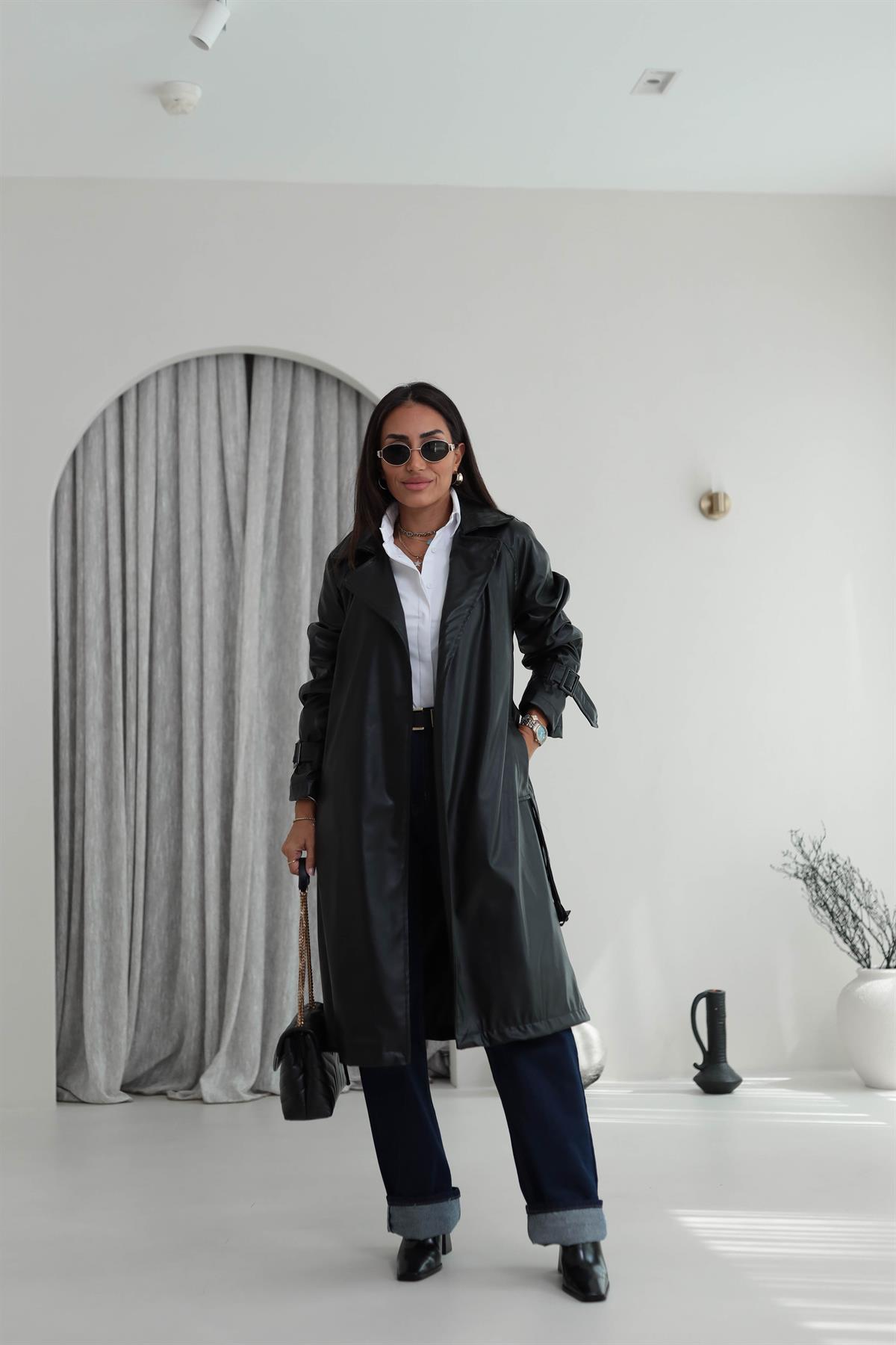 2035 Kemerli Deri Trençkot SİYAH