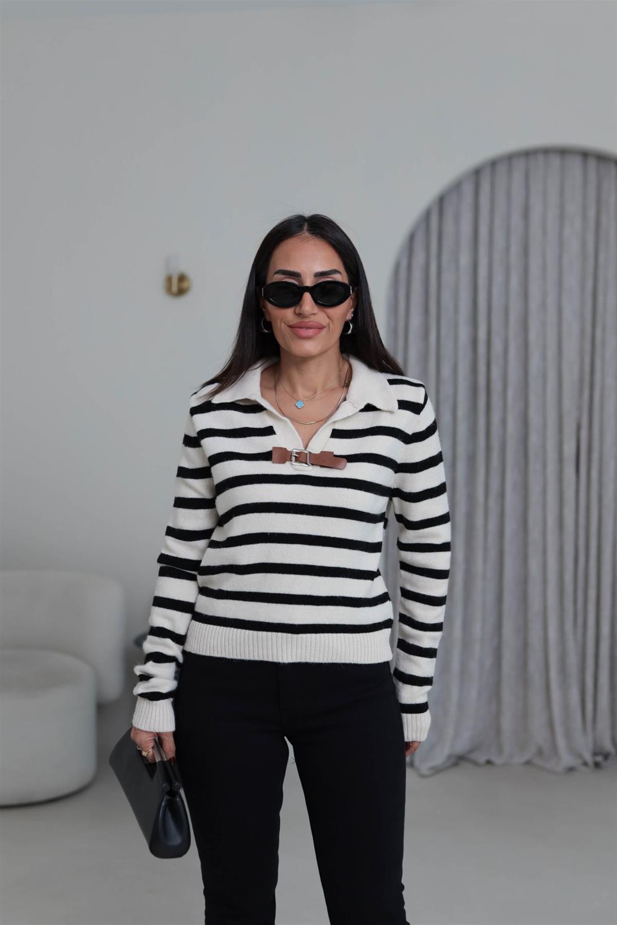 4630 Kemer Detaylı Polo Yaka Triko Bluz SİYAH