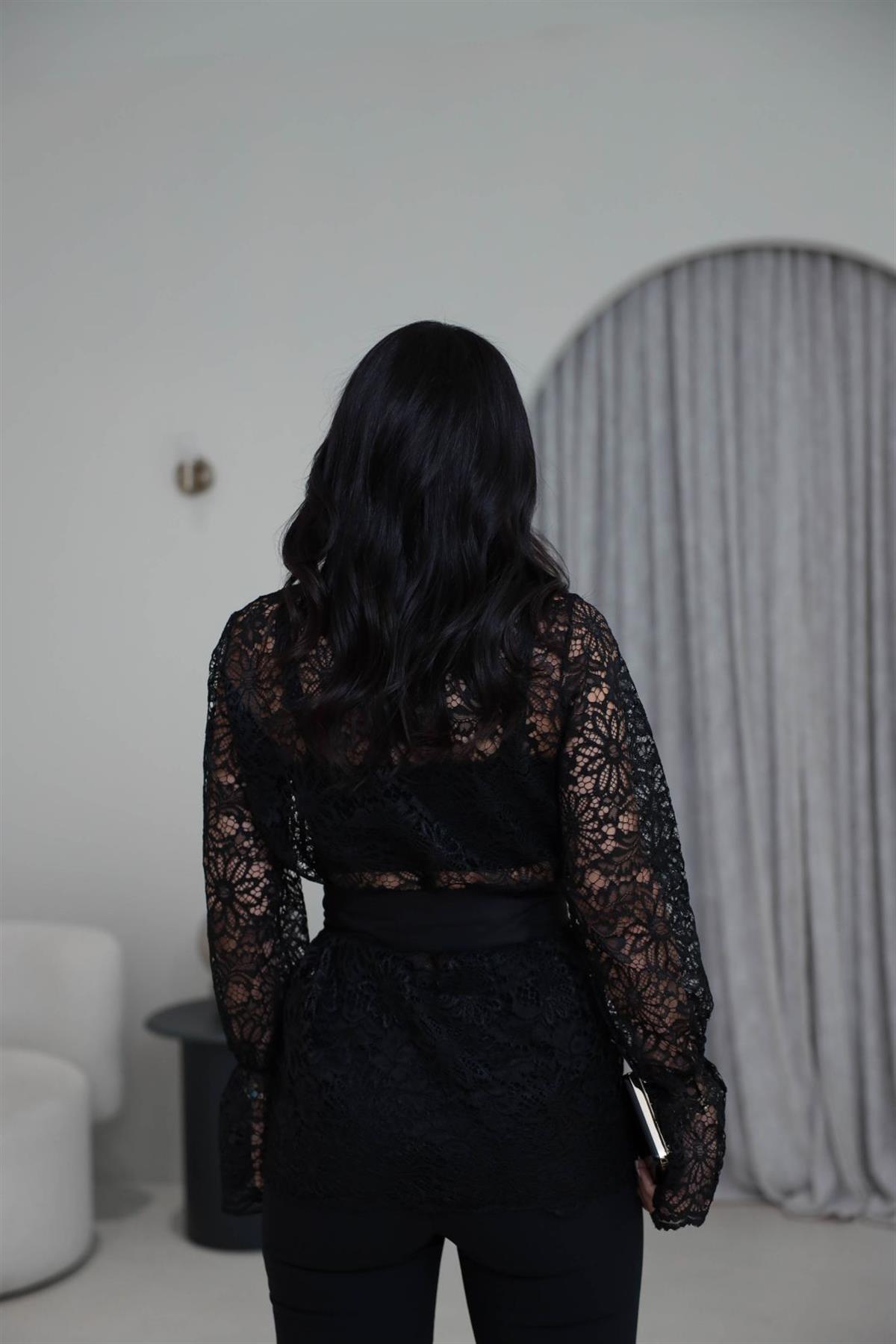 3152 Kuşaklı Dantel Gömlek SİYAH