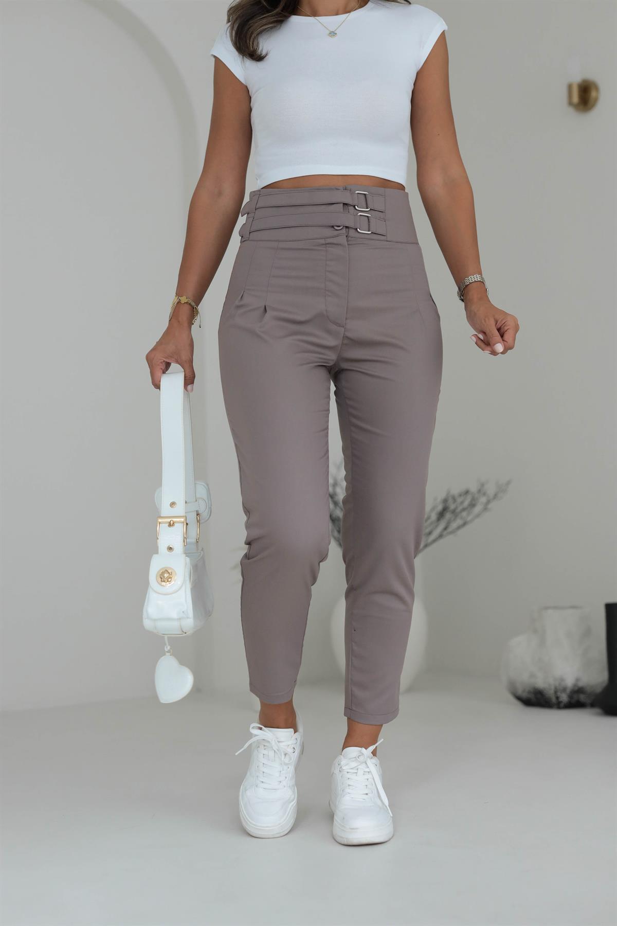 Çift Kemerli Yüksek Bel Pantolon