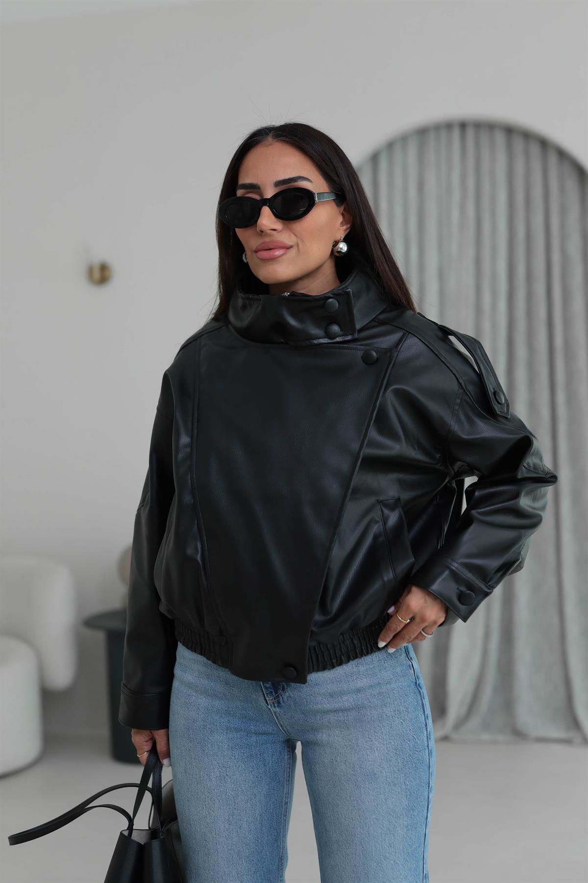 6797 Boyun Düğme Detaylı Suni Deri Ceket SİYAH
