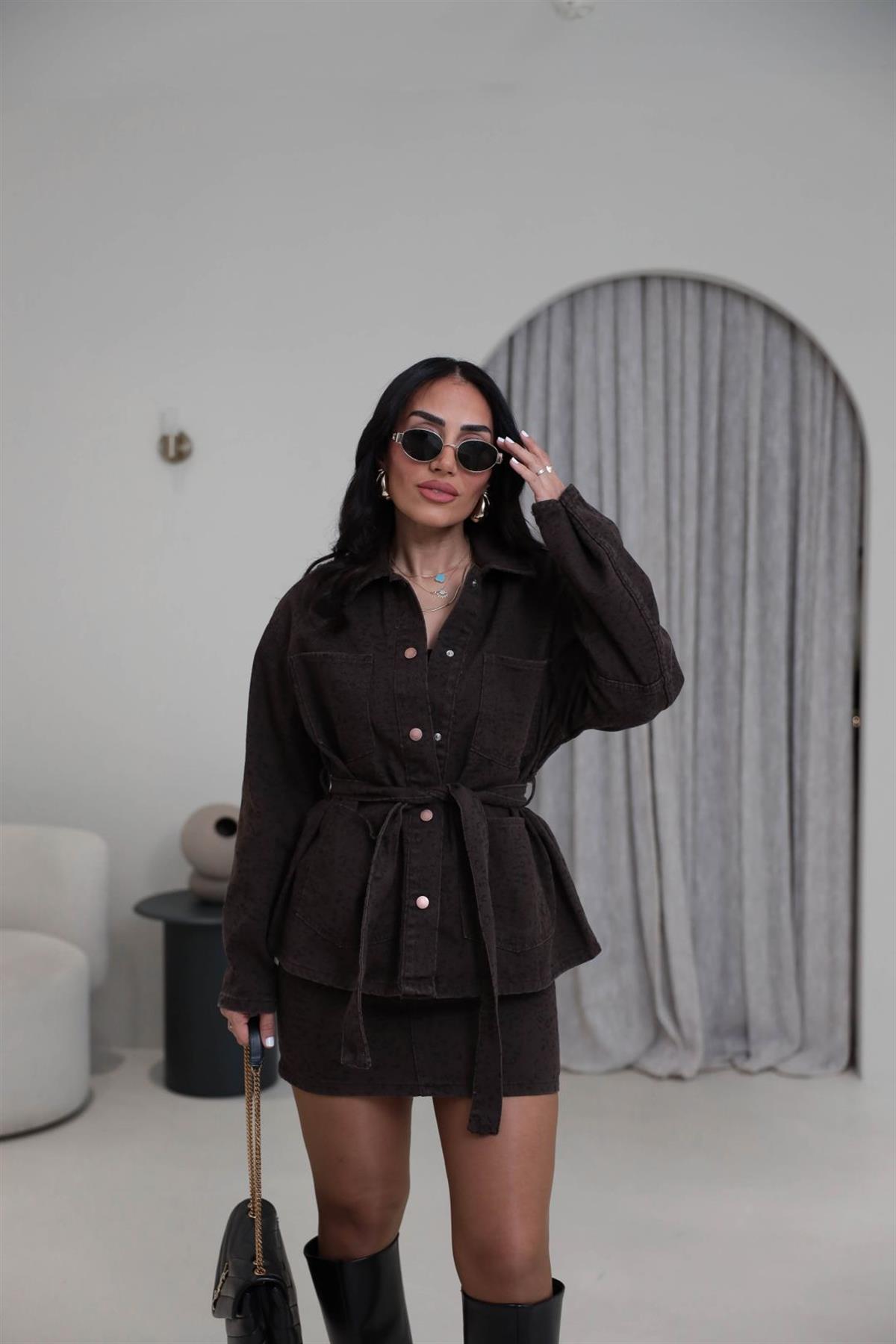 0276 Leopar Desen Kuşaklı Ceket KAHVE