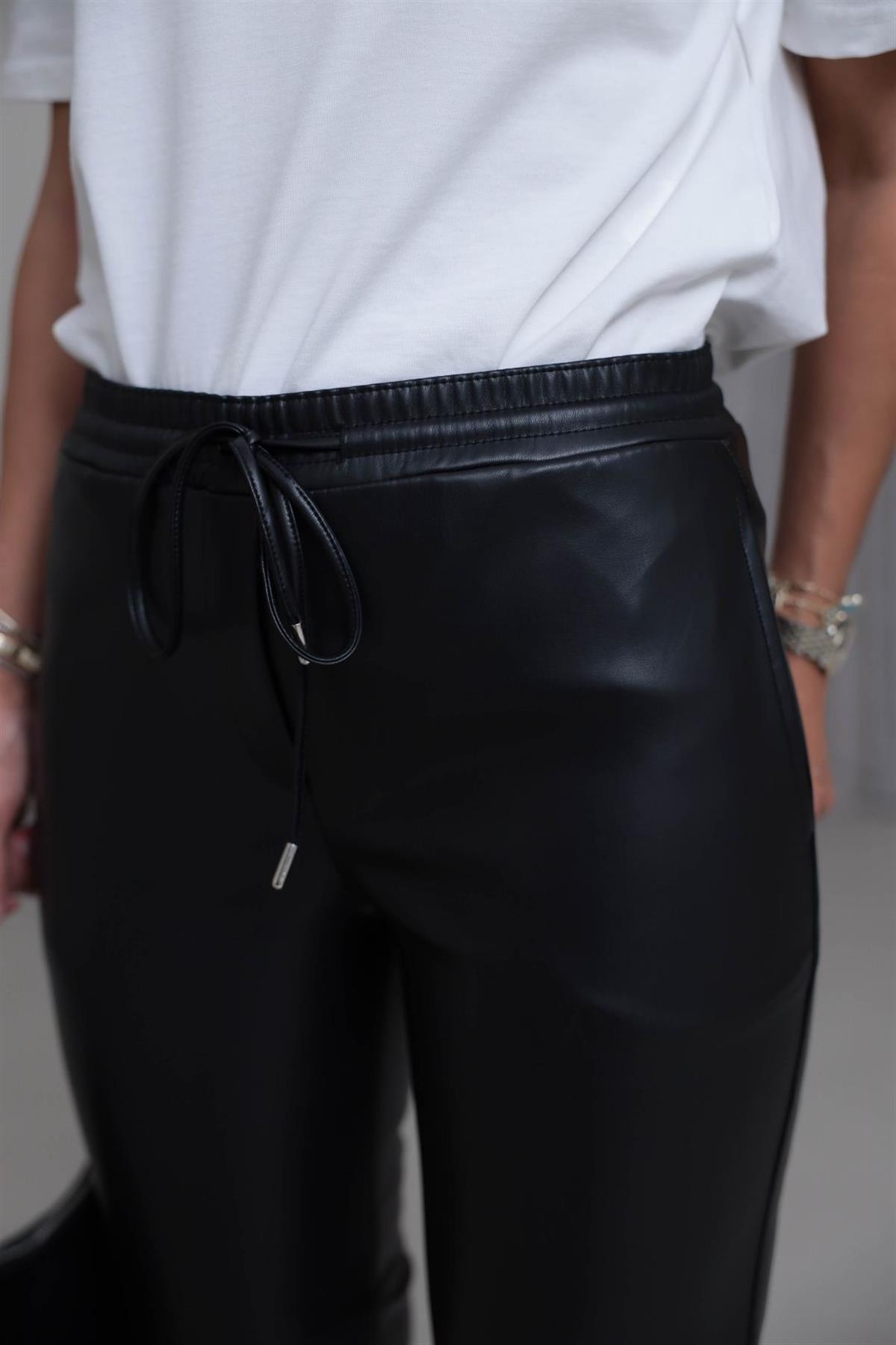 4655 Kemeri Lastikli Deri Pantolon SİYAH