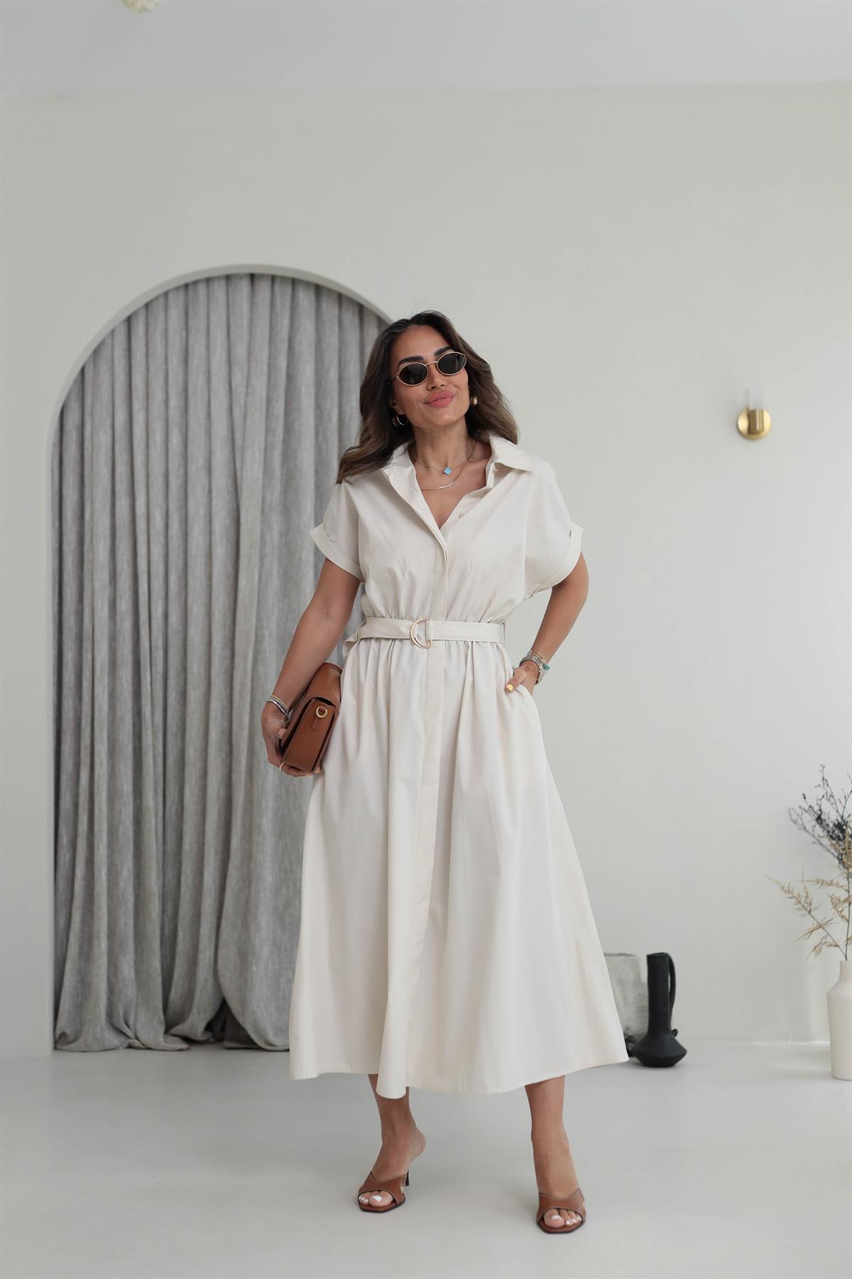 02075 Kısa Kol Kemerli Gömlek Elbise TAŞ