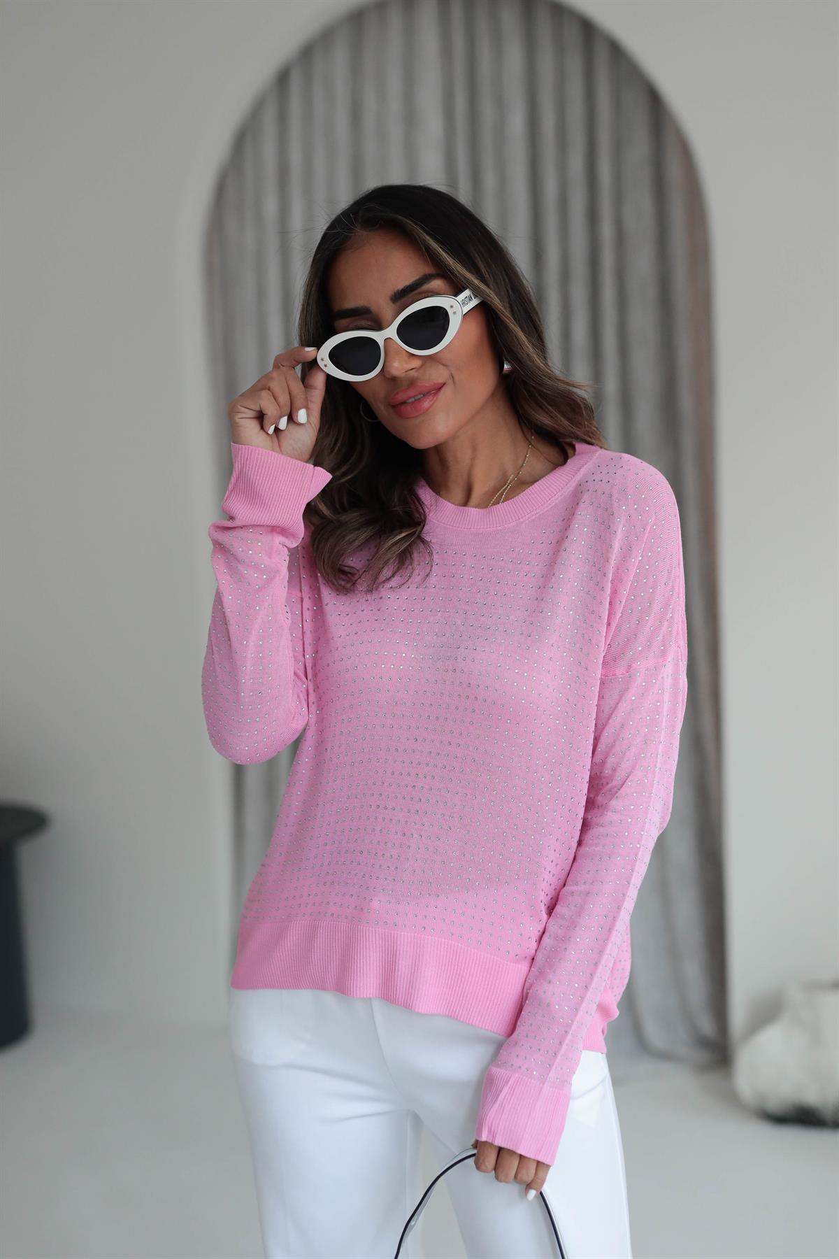 7010 Taşlı Merserize Triko Bluz PEMBE