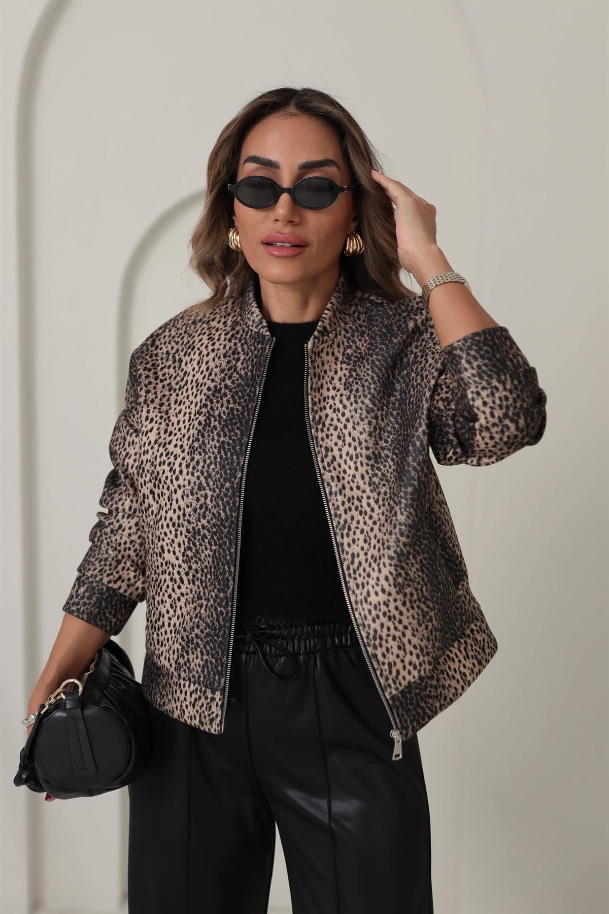 9550 Leopar Desen Kaşe Ceket LEOPAR