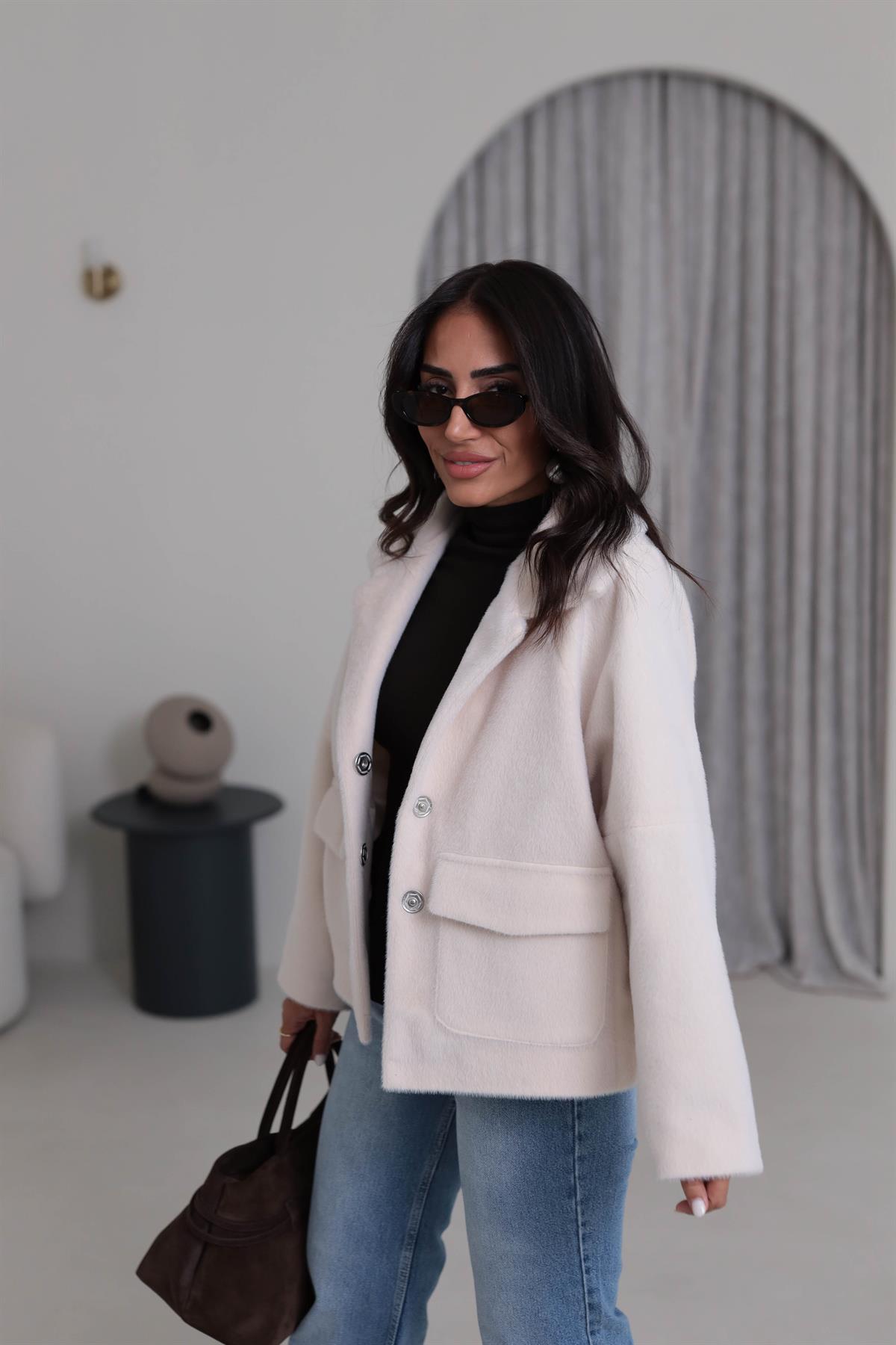 2731 Çıtçıtlı Cep Detaylı Alpaka Mont EKRU